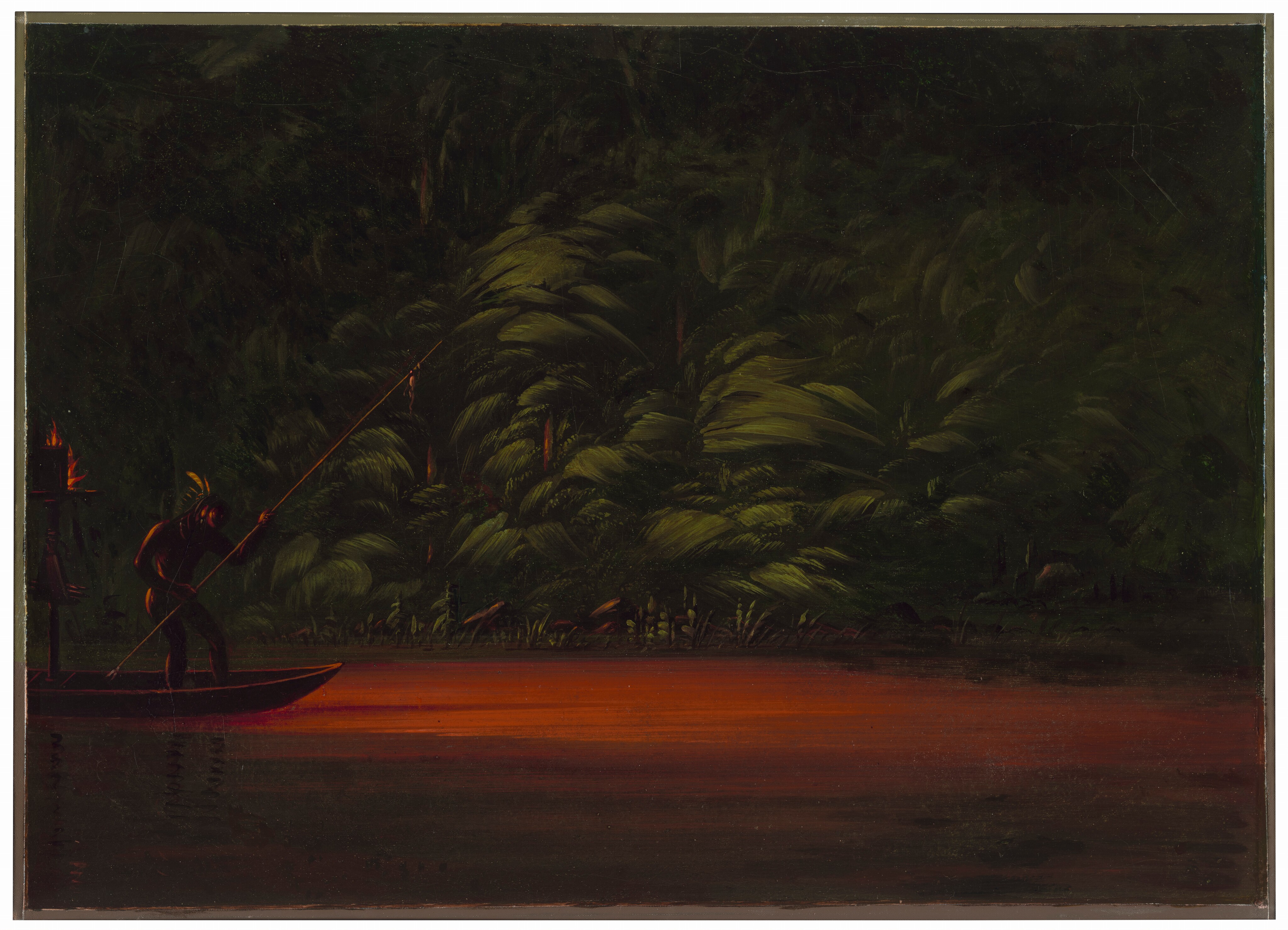 The image displays a dimly lit scene of a lush jungle environment. A figure stands on a small boat, holding a long fishing spear while a torch illuminates the area. The dense vegetation extends upward, blending into the dark sky. The leaves of the jungle are depicted with fluid brushstrokes, giving them a sense of movement. The color palette features dark shades of green with orange and red hues reflecting off the water. The background is obscured by the dense canopy, creating a sense of depth and seclusion.