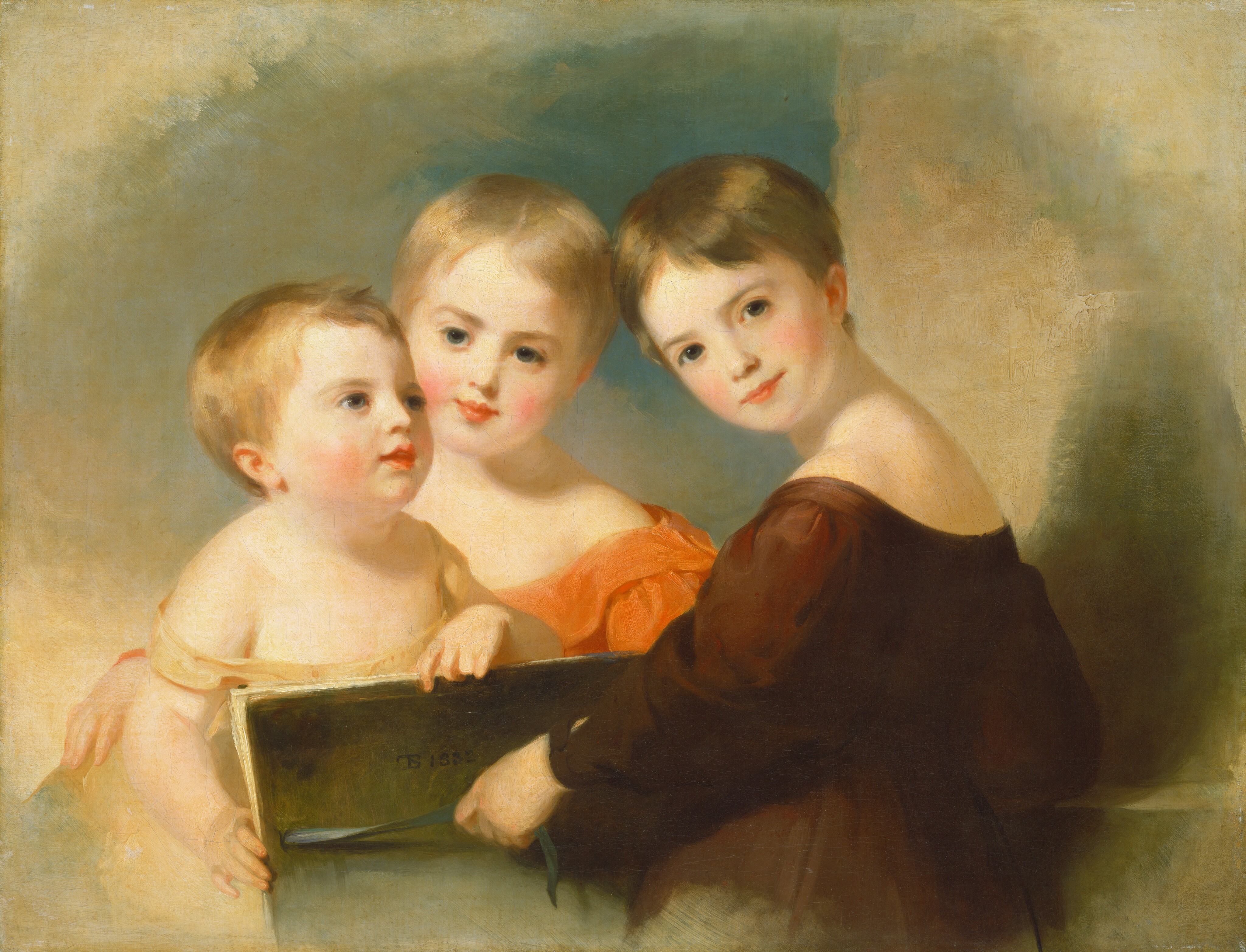 Three children are shown from the waist up, closely grouped together and facing the viewer. The child on the left has short blond hair and rosy cheeks, looking slightly upward and holding a book. The child in the center has similar blond hair and a gentle expression, facing slightly towards the other children. The child on the right has slightly darker, light brown hair, an upturned chin, and a subtle smile while looking directly at the viewer. They are dressed in robes or garments with bare shoulders, the central figure in orange and the child on the right in dark brown. The child on the right holds a book, with their hand resting on its cover. The background of the image consists of softly painted muted earthy tones with a warm, subtle light.