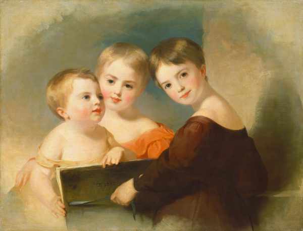 Three children are shown from the waist up, closely grouped together and facing the viewer. The child on the left has short blond hair and rosy cheeks, looking slightly upward and holding a book. The child in the center has similar blond hair and a gentle expression, facing slightly towards the other children. The child on the right has slightly darker, light brown hair, an upturned chin, and a subtle smile while looking directly at the viewer. They are dressed in robes or garments with bare shoulders, the central figure in orange and the child on the right in dark brown. The child on the right holds a book, with their hand resting on its cover. The background of the image consists of softly painted muted earthy tones with a warm, subtle light.