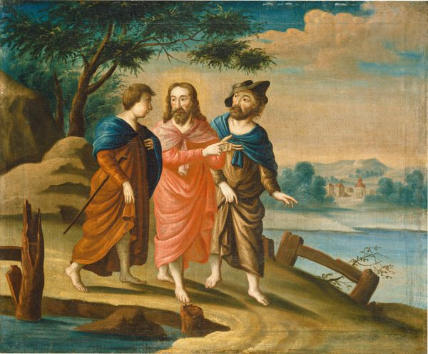 This is a painting of three men standing closely together on a brown dirt path between two bodies of water. The men are walking towards us, looking at one another. The central figure has long hair, a mustache, and a beard, and is wearing a pink robe. To his left, a man with short brown hair wears a brown robe with a blue cloak, a cane at his side. To the right, a man with curly brown hair and a beard wears a brown cap and a light brown robe with a blue cloak. All three men have light skin and are barefoot. The path they walk on is lined by a dilapidated wooden fence, and behind them are tall trees and brown rocks. In the distance on the right, past the water, are pale green hills with red-roofed buildings under a cloudy sky.