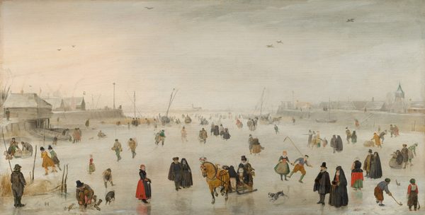 We look slightly down onto a panorama with dozens of pale-skinned men, women, and children skating and standing on a frozen river in this horizontal landscape painting. Most of the men wear black hats and suits, some with white collars and hip-length capes. The women all wear ankle- or floor-length skirts, and some are covered with black cloaks that drape over their heads to their feet. Many people wear black but some of the clothing is scarlet red, sage green, celestial blue, beige, or slate gray. A few people draw the eye, like the man standing with his back to us, wearing dark gray and holding a tall pole in the lower left corner. To the right, a man kneels to tie a skate with a brown and black dog nearby. A woman wearing a crimson-red skirt and a couple clad entirely in fur-lined black clothing look toward a man and woman riding a horse-drawn sled on the ice, at the lower center of the painting. Another black-draped form in the sleigh could be a second woman wearing a cloak. A pair of boys play a game like hockey in the lower right corner. People gather and skate in pairs and small groups, or ride in sledges into the deep distance. The buildings and boats lining the horizon, which comes about halfway up the composition, are painted in shimmering grays. The sky above is the same cool white as the ice below. A few birds fly across the scene.