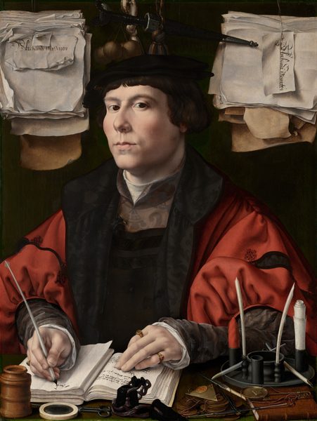 Shown from about the waist up behind a forest-green desktop, a man with smooth, pale pink skin writes in an open book with a quill pen as he looks at us, surrounded closely by papers, pens and ink, and other objects in this vertical portrait painting. His body is angled a little to our left but he tips his head slightly back and looks at us from the corners of his dark brown eyes under arched brows. He has a short, round nose, high cheekbones, and his pale pink lips are slightly pursed. His short, chestnut-brown hair curls over his ears, and bangs sweep across his forehead. His black beret is adorned over his right eyebrow, on our left, with a metallic badge with an intertwined "I A S." He wears a crimson-red jacket with puffy red sleeves decorated with black bands. Black lapels open onto a dark garment that has a pewter-gray panel over the upper chest and gray sleeves. The white garment beneath peeks out along the neckline and cuffs at his wrists. His left hand, on our right, rests with fingers extended on a page with writing in the open book, and he wears a gold ring incised with “IS” on his forefinger and a gold band with a ruby-red gem on his pinkie. He writes the beginning of a word with his other hand. In front of him, on the ledge, is a talc shaker pierced with tiny holes in the top, a magnifying glass, a black inkpot, and a small pair of scissors. Near one elbow, to our right, is a pile of coins, a pair of scales with weights, a small leather-bound book, and a receptacle for rolled-up paper and quills. A thick sheaf of curling, crinkled papers hangs to either side of his head. The stack to the left is marked “Alrehande Misseven” and the stack to our right is labeled “Alrehande Minuten.” A black dagger, a tassel, and a set of at least four orbs about the size of ping pong balls hangs between the sheafs, against the dark background.