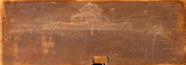 This drawing shows the faint outline of a domed building. The representation is minimalistic, with few details of the building shown besides the dome and vertical lines that might suggest columns. The drawing is in pale yellow lines on a reddish-brown surface which is covered with other small scratches and lines.