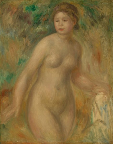 This painting portrays a woman seen from the upper thighs up. Her body is slightly turned to the right with her head facing the left, and her left arm is extending outward, holding an indistinct pale shape. She has pale skin and brown hair tied behind her head. Her facial features are captured loosely, with round cheeks and red lips turned up at the corners. She is nude, and her body is painted in textured, fluid brushstrokes. The background is a mix of red, green, brown, yellow, and tan, painted with visible brushstrokes, giving the painting a sense of movement.
