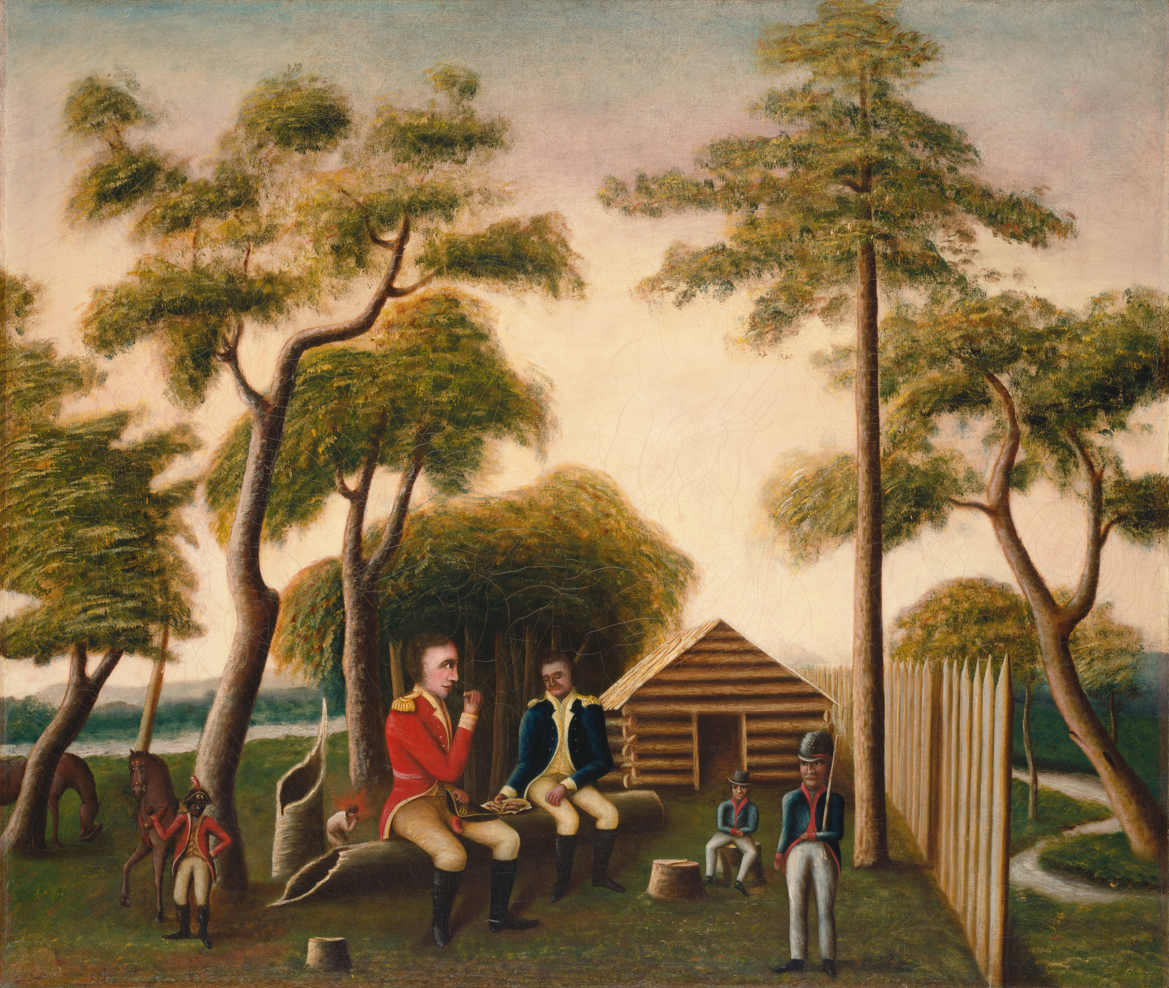 The image shows two men in military attire sitting on a log, with one smoking a pipe. A log cabin is visible towards the right, with two men leaning against a fence and another tending to a horse. The horizon is low in the composition with trees meeting a light sky. The lighting suggests late afternoon. The brushstrokes vary in style, delineating figures and trees. The color palette is warm and earthy, with greens, browns, and hints of red and blue from the uniforms against the sky. The sky transitions from blue to a golden hue towards the center, providing a serene backdrop.