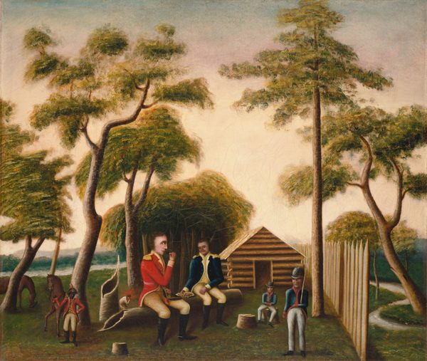 The image shows two men in military attire sitting on a log, with one smoking a pipe. A log cabin is visible towards the right, with two men leaning against a fence and another tending to a horse. The horizon is low in the composition with trees meeting a light sky. The lighting suggests late afternoon. The brushstrokes vary in style, delineating figures and trees. The color palette is warm and earthy, with greens, browns, and hints of red and blue from the uniforms against the sky. The sky transitions from blue to a golden hue towards the center, providing a serene backdrop.