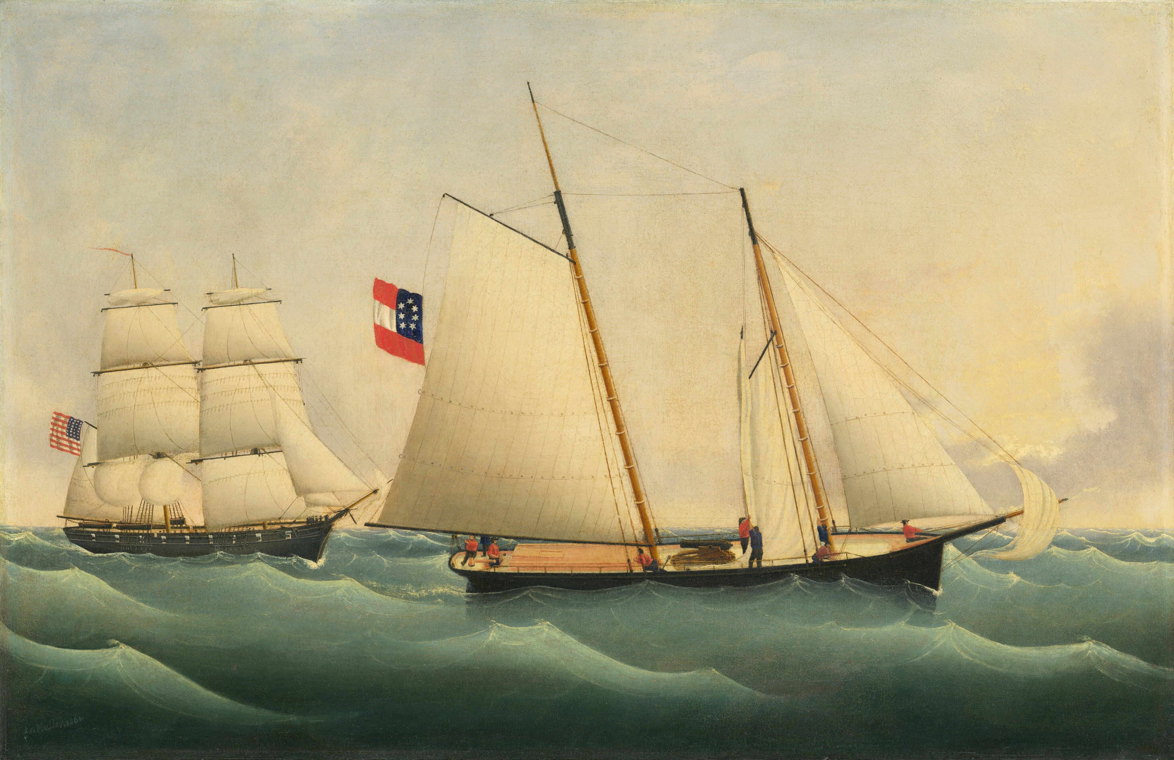 The image shows a maritime scene with two sailing ships on rolling ocean waves. The horizon line is placed high, near the sails of the ships. The brushstrokes are smooth, capturing detailed rigging and sea texture. The color palette includes blues, greens, whites, and light tan. One ship, a schooner, has a large flag, while the other ship is in the distance with fewer details.