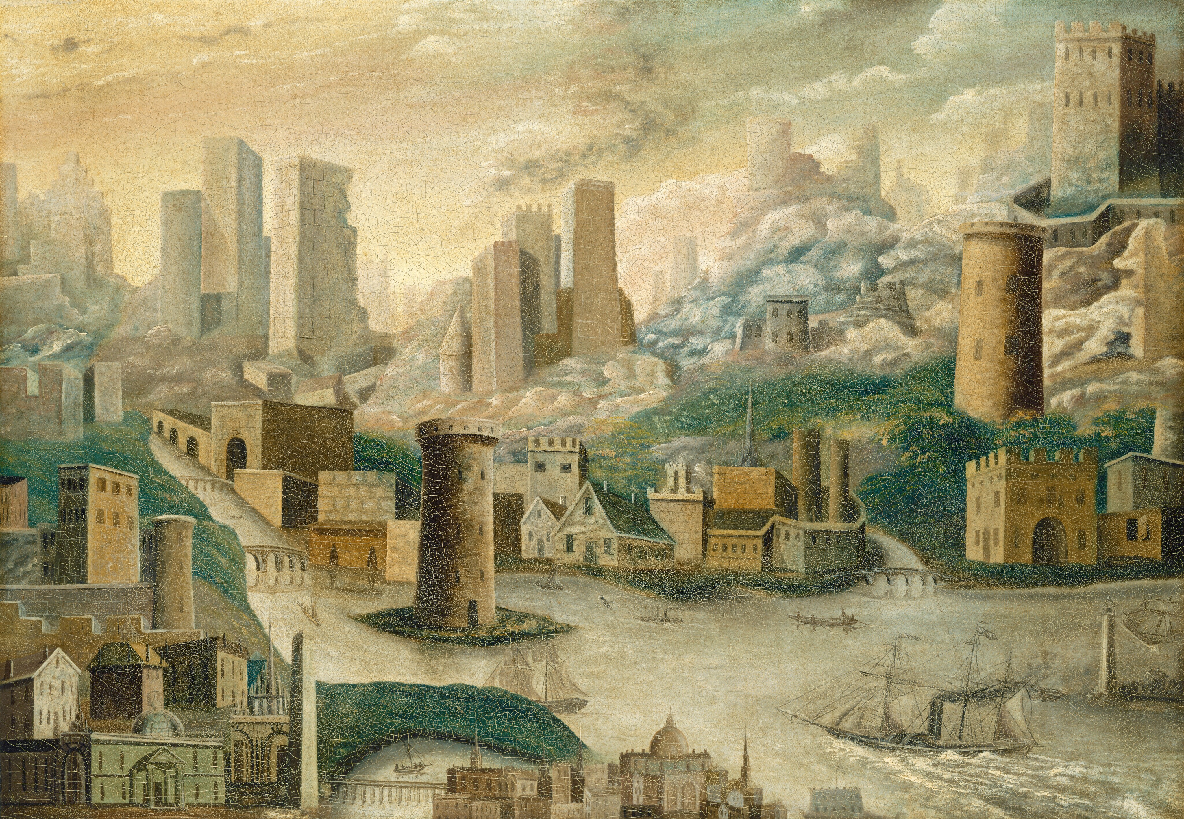 This painting shows a collection of buildings and towers on rolling green hills around a light gray body of water. In the bottom right corner, ships with billowing sails glide on a wide waterway that leads off into three rivers in different directions, each with multiple bridges spanning them. On the green land is a mix of buildings ranging from modest to towering structures, some resembling modern skyscrapers and others medieval fortresses and towers. The more modern buildings are farther in the distance, resting atop gray and blue clouds under a pale-yellow sky. The color palette includes muted earth tones, soft greens, browns, grays, blues, and off-whites.
