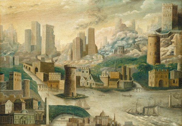 This painting shows a collection of buildings and towers on rolling green hills around a light gray body of water. In the bottom right corner, ships with billowing sails glide on a wide waterway that leads off into three rivers in different directions, each with multiple bridges spanning them. On the green land is a mix of buildings ranging from modest to towering structures, some resembling modern skyscrapers and others medieval fortresses and towers. The more modern buildings are farther in the distance, resting atop gray and blue clouds under a pale-yellow sky. The color palette includes muted earth tones, soft greens, browns, grays, blues, and off-whites.