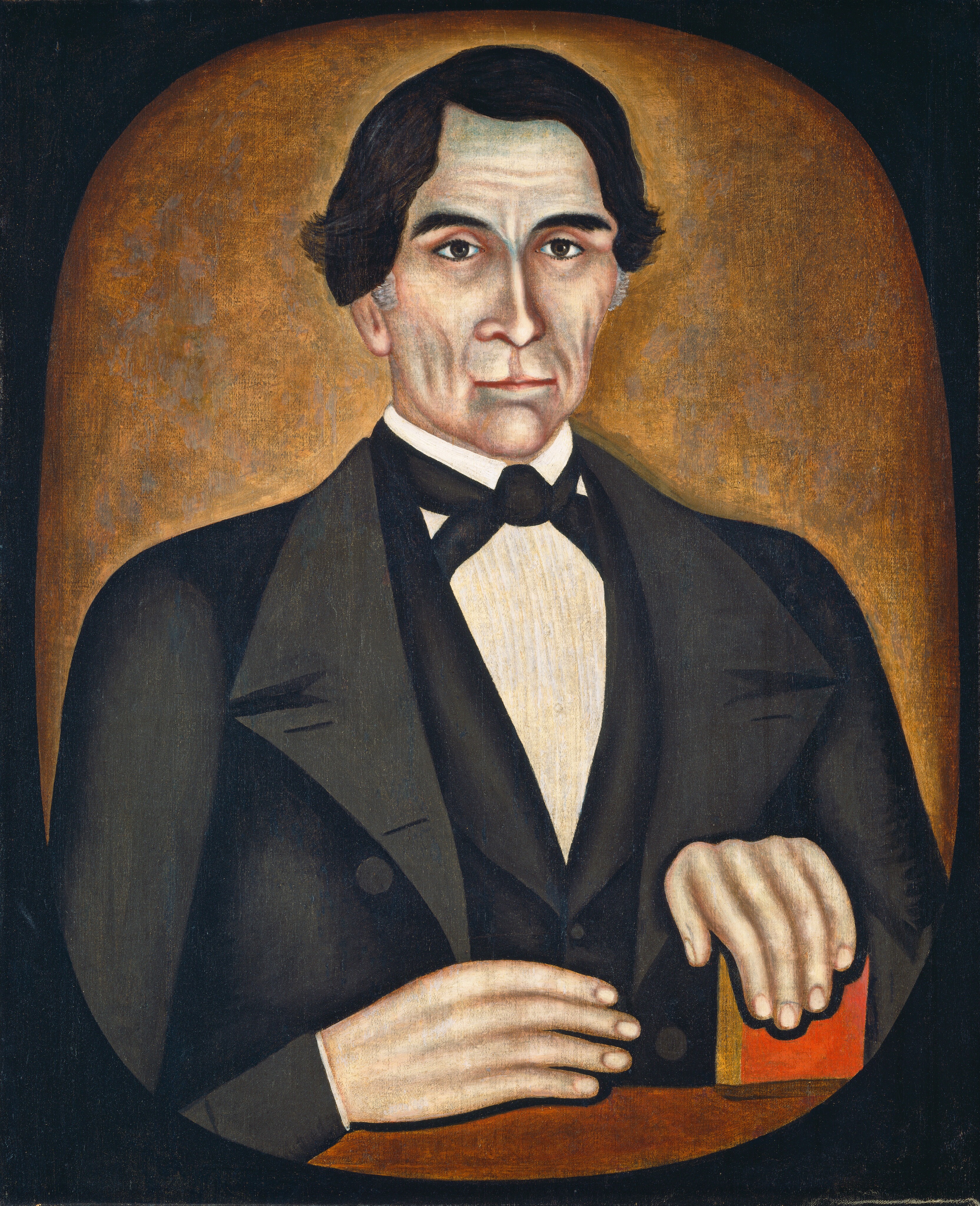 The image is a portrait painting of a man's upper body. He faces forward with his hands on a red book. The man has a prominent nose, deep-set eyes, thick eyebrows, and dark hair with some gray strands. He wears a black coat, white shirt, and black bow tie. The background has a warm gradient.