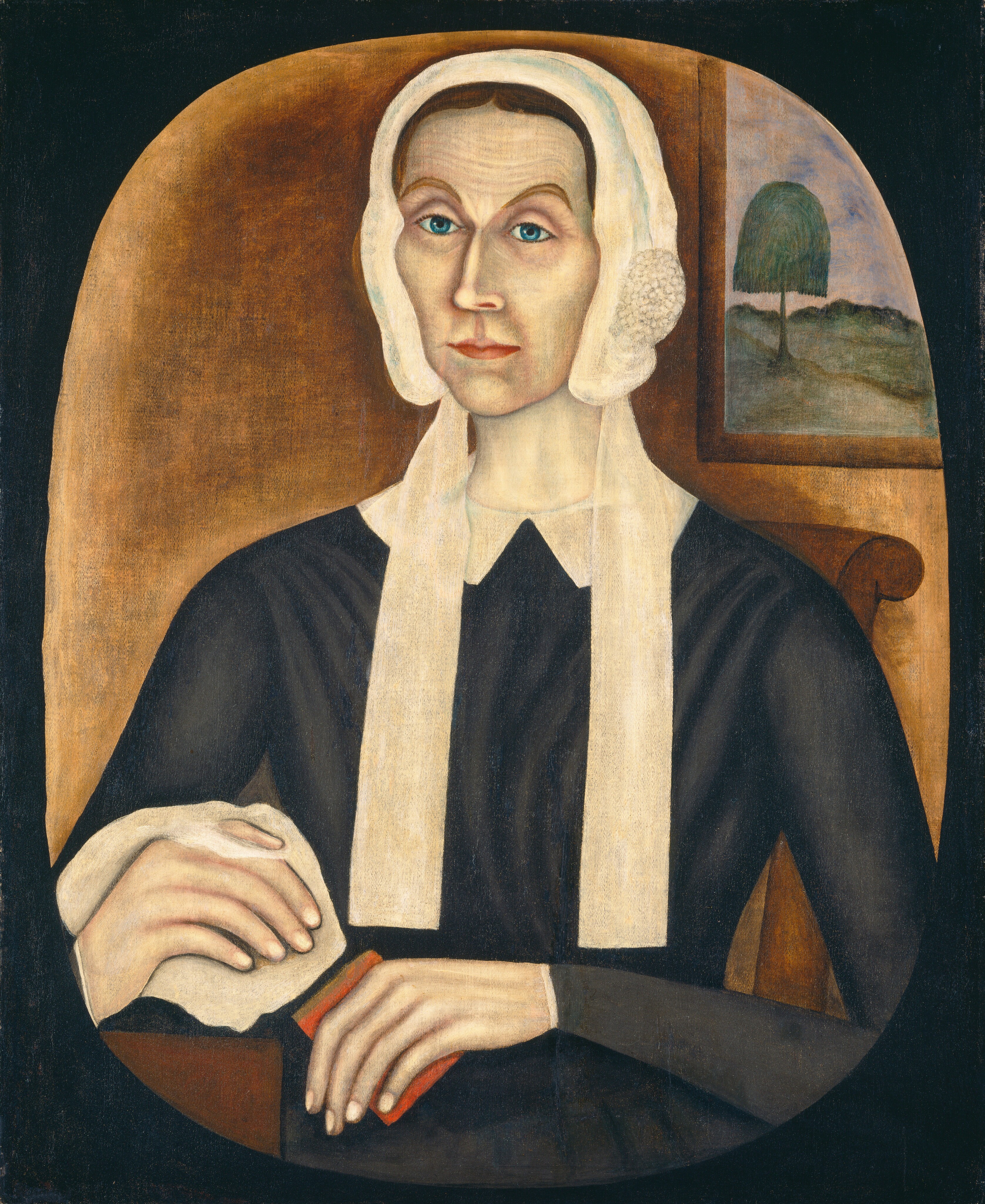 The image depicts a portrait of a person from the waist up. The person is seated upright, facing slightly to the left with sharp facial features, pronounced eyebrows, blue eyes, and a serious expression. They wear a white headdress with ribbon-like extensions, a dark high-collared garment, and hold a red book in their left hand while their right hand rests on a white cloth. In the background is a framed picture showing a green tree against a muted landscape on a brown wall. The overall color scheme is warm and earthy.
