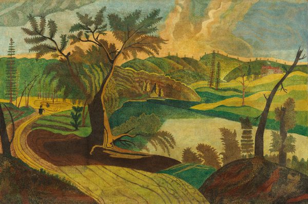 This painting shows a landscape with a curving path leading away from us towards left and then back towards the center of the composition, with rolling hills and a blue sky in the distance. A distant house is seen in the hills on the right, with gray walls and a red roof. Dark trees are visible along the path, contrasting with the bright green and yellow fields on either side. On the far left, the black silhouettes of some people appear to walk down the path. In the center, behind the hills, there is a patch of pale yellow swirls in the blue sky, perhaps indicating sunlight, clouds, or smoke.