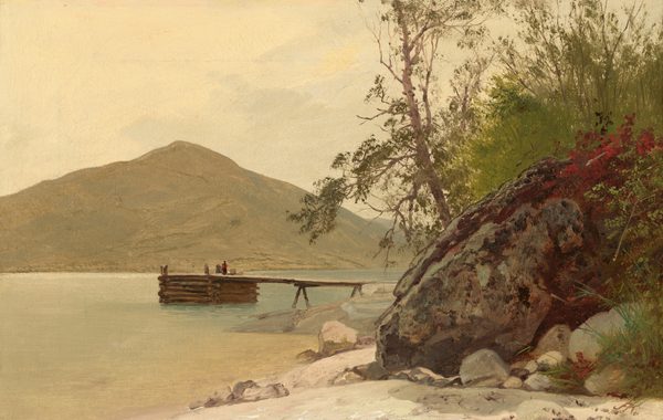 The painting depicts a tranquil lake scene with a low horizon line showing a pale green hill in the background under a pale, cloudy sky. Closer to us, on the right, there is a large, textured rock surrounded by greenery and red flowers. In the distance, a wooden dock extends into the lake on the left, and a person wearing red appears to sit or stand with their back to us.