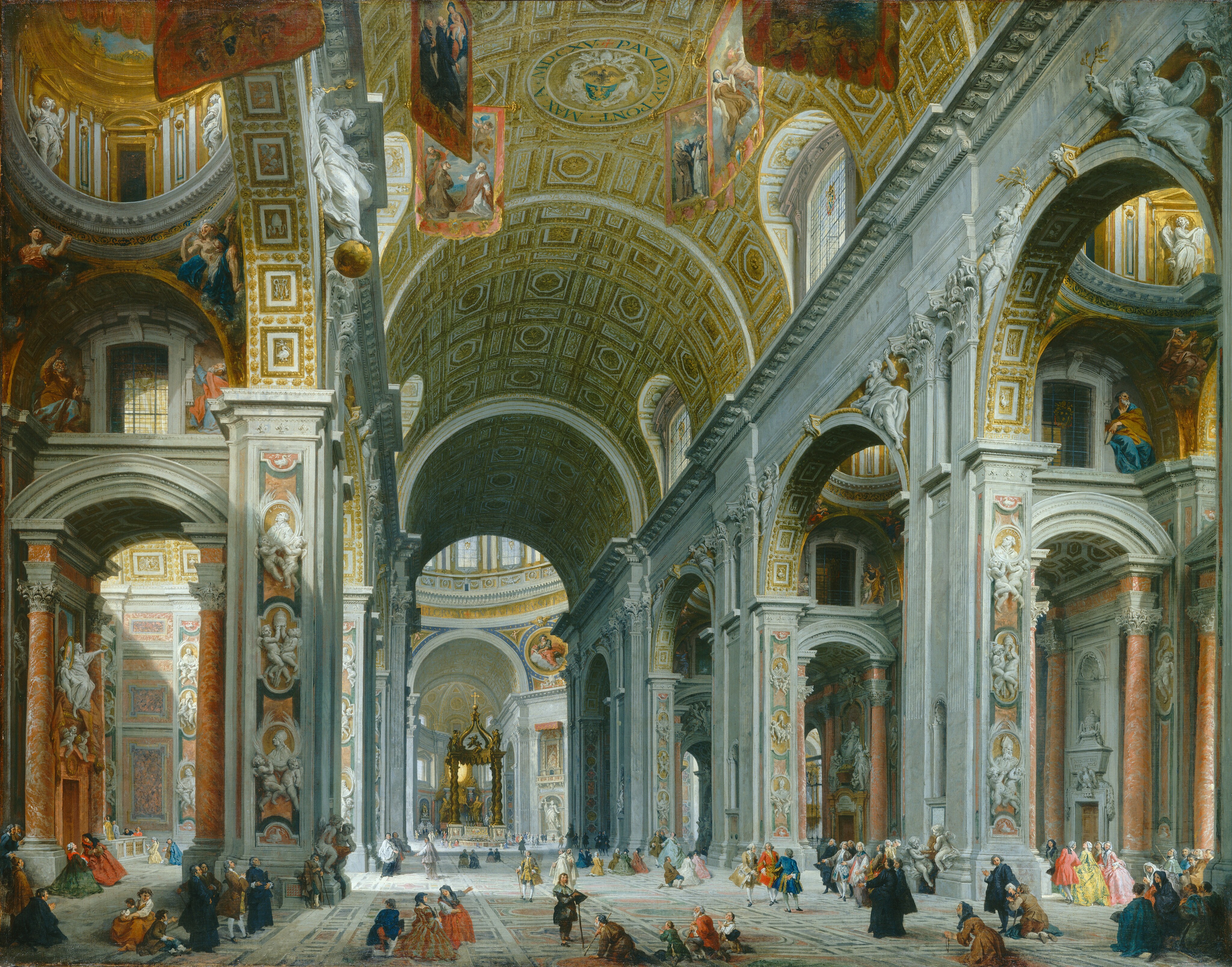 The soaring, gilded vault of a central aisle of the inside of a church fills this horizontal painting. The ceiling of the nave curves up and away from us like a tunnel. It is lined with coffers, which have inset panels, decorated with gold. The light-filled nave angles down from the top center of the composition toward the lower left as it moves away from us. The white stone pillars supporting the barrel vault are intricately carved and decorated with pudgy, winged cherubs holding portraits of men, and aisles run parallel to the central nave to our left and right. In the side aisles, pink marble columns flank altars in chapels. At the far end of the church, the nave is interrupted where it opens into the light-filled crossing, before continuing beyond. Marking the space where the long hall of the church is intersected by a shorter arm to create a cross shape is a structure made of four twisting columns supporting a pointed canopy, all cast in bronze. Tiny men and women pray or gather in pairs and small groups along the nave. Some wear tattered clothing and others are elegantly dressed.
