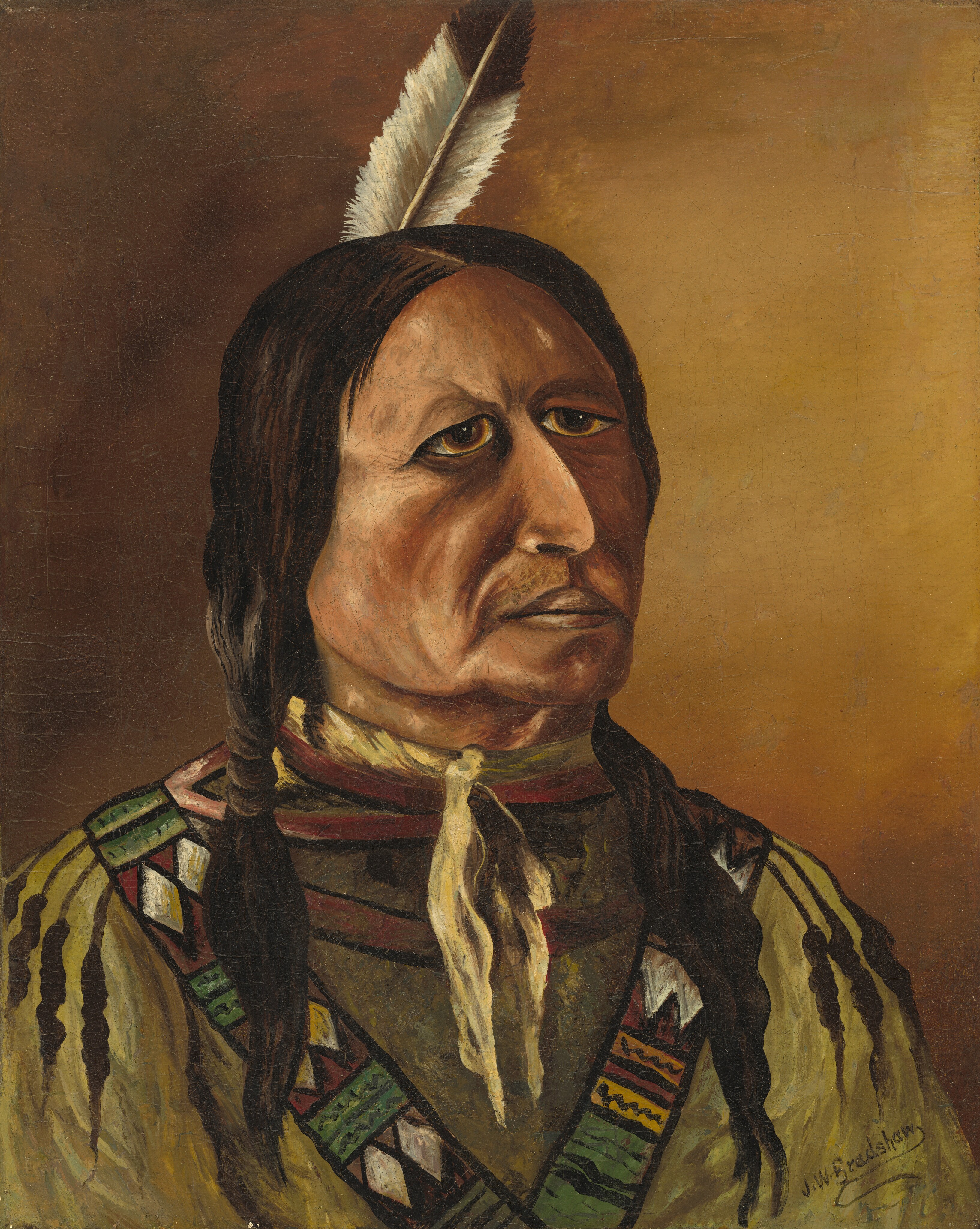 The image shows a painted portrait of a man facing right. He has high cheekbones, a firm chin, deep-set eyes, long dark braided hair with a feather, and wears a traditional garment with intricate patterns in red, green, and white. The garment has shoulder decorations, and he wears a light-colored scarf around his neck. The background is a smooth, warm gradient of earthy tones.