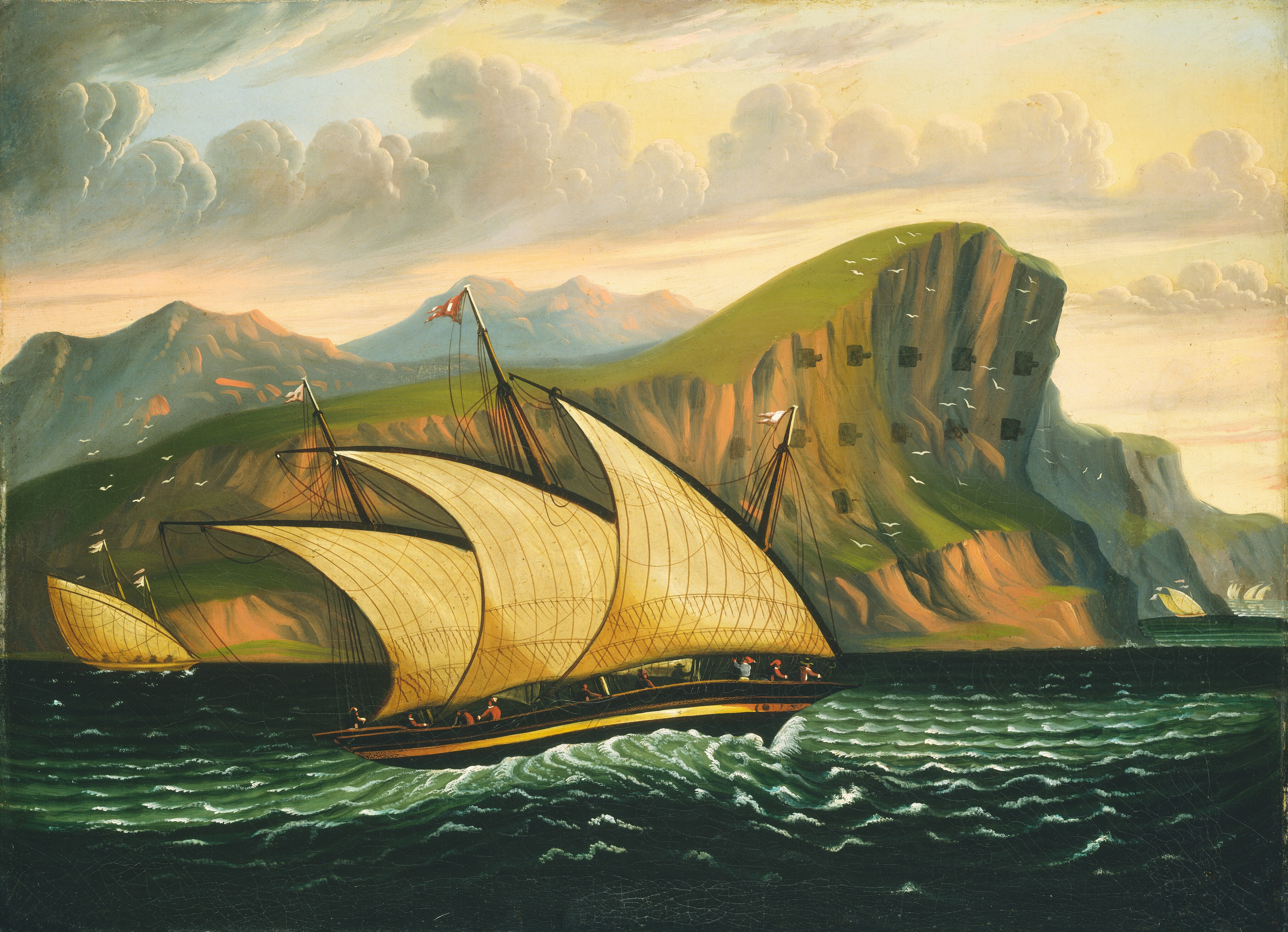 This painting shows a seascape with a sailing vessel on choppy green water. Our perspective is at sea level, parallel to the ship. The ship's three billowing yellow sails are detailed, and a few people can be seen on the deck of the ship, dressed in red, blue, and brown garments. The horizon shows distant green hills and cliffs with small white birds flying around them. More boats can be seen in the distance to the left and right. The cloudy sky above is painted in a soft gradient of pale yellows, pinks, and blues.