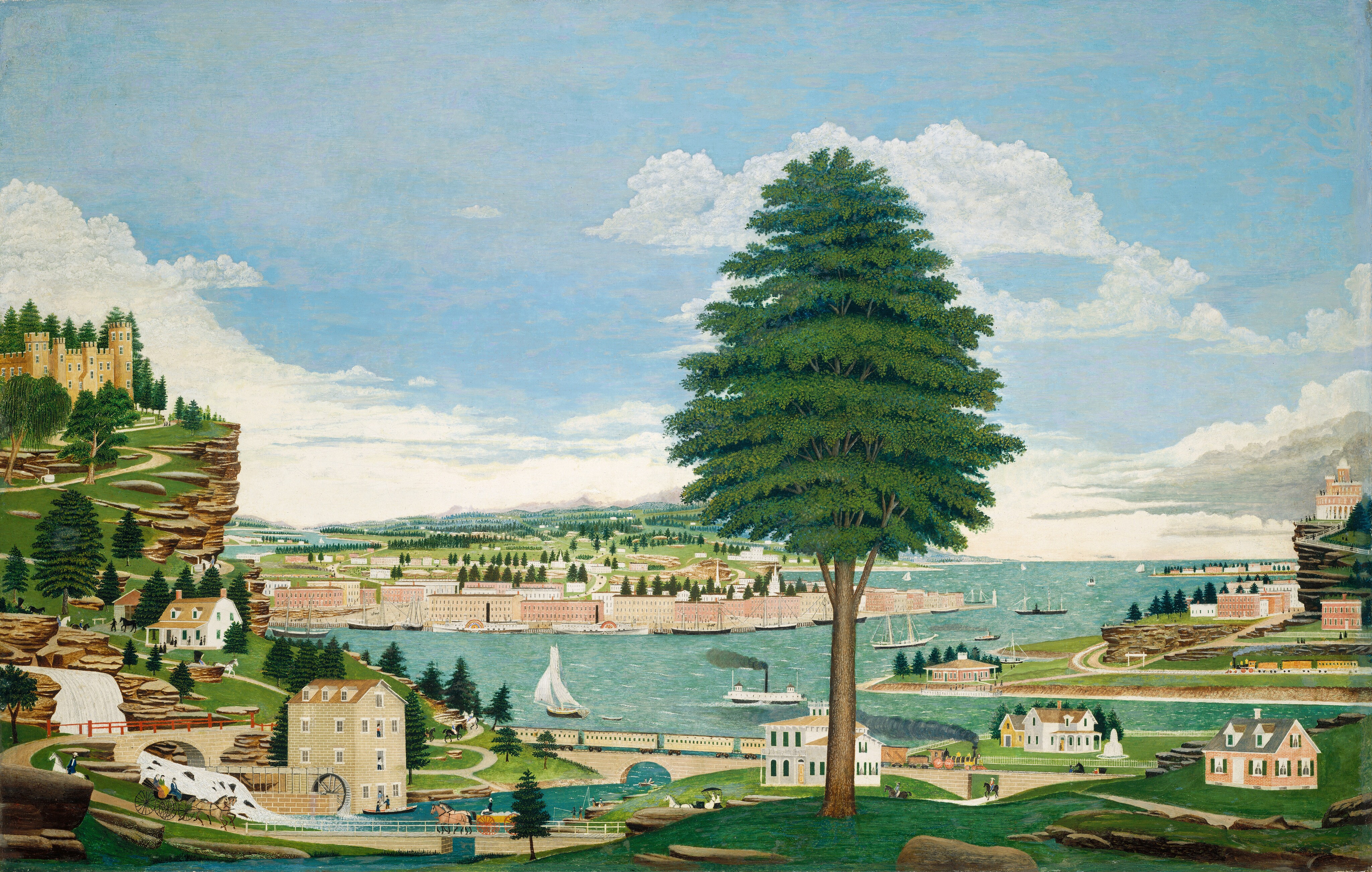This painting displays an elevated view of a bustling port town. In the center, a tall tree with dense green foliage stands out against a light blue sky with fluffy white clouds. The scene includes a mix of architectural structures ranging from stately houses to industrial buildings near the water, with sailboats and steamships visible. There are houses with yards, pastoral scenery, winding roads, and bridges leading to the port in the distance. On the left, a castle-like structure rests on top of a rocky, green hill. The color palette consists of vibrant greens, earthy browns, soft blues, and creams. The sky occupies a significant portion of the painting, enhancing the sense of openness and scale.