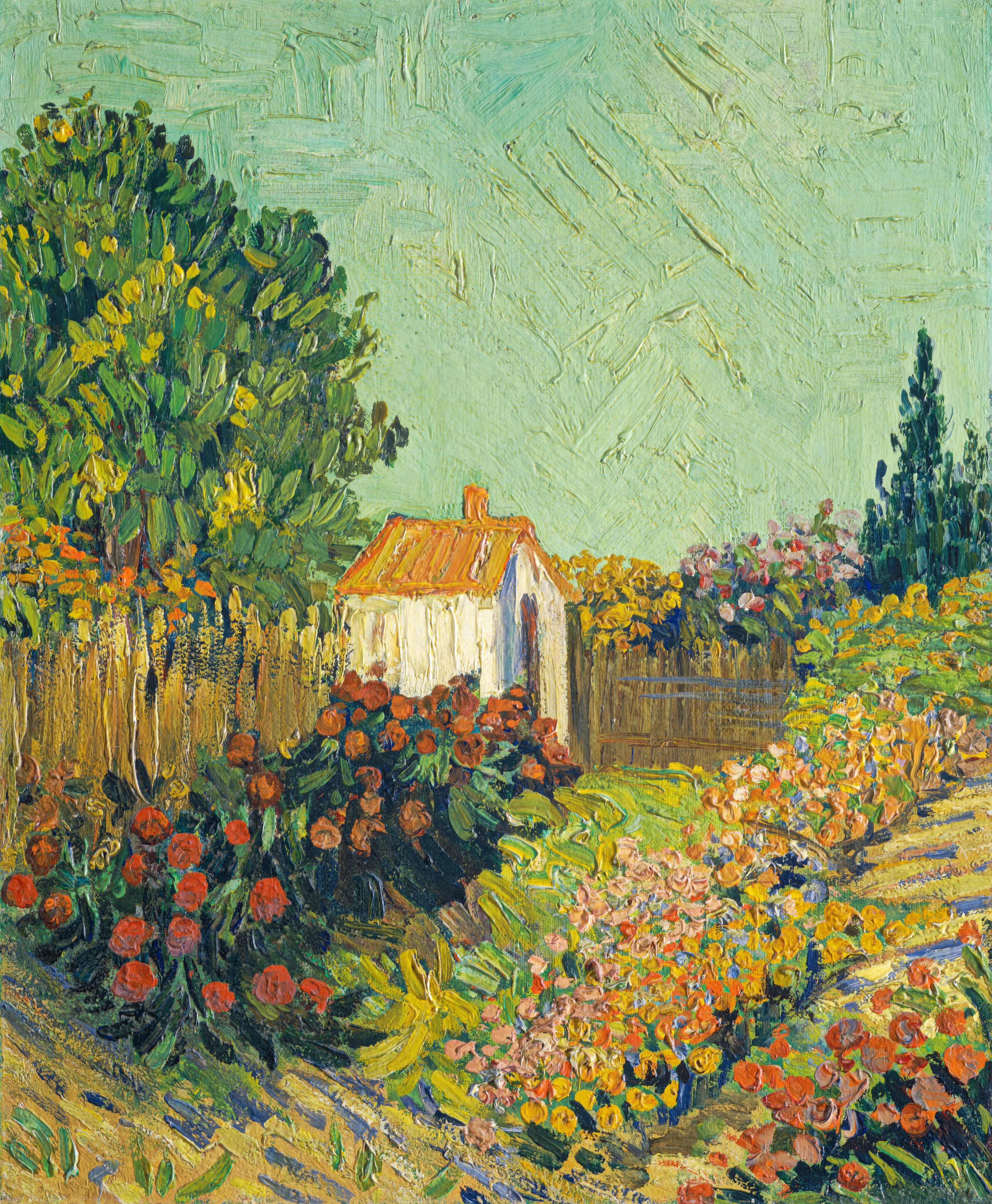 A white shed with a saffron-orange roof stands in the back corner of a walled garden in this vertical painting. The scene is painted with thickly textured, visible dabs, swirls, and strokes throughout. Diagonal banks of flowers in scarlet red, rust orange, pale peach, corn yellow, shell pink, and navy blue lead into the garden from the lower left to upper right. The space is enclosed with a wood fence, which is painted with vertical, caramel-brown strokes, to our left. The fence to our right of the shed disappears behind a cloud of yellow and green flowers. A tree painted with avocado-green and harvest-yellow strokes towers above the shed to our left, and more flowers and spruce-green trees grow beyond the fence to our right. The sky above is painted with textured, turquoise strokes.