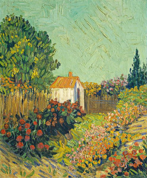 A white shed with a saffron-orange roof stands in the back corner of a walled garden in this vertical painting. The scene is painted with thickly textured, visible dabs, swirls, and strokes throughout. Diagonal banks of flowers in scarlet red, rust orange, pale peach, corn yellow, shell pink, and navy blue lead into the garden from the lower left to upper right. The space is enclosed with a wood fence, which is painted with vertical, caramel-brown strokes, to our left. The fence to our right of the shed disappears behind a cloud of yellow and green flowers. A tree painted with avocado-green and harvest-yellow strokes towers above the shed to our left, and more flowers and spruce-green trees grow beyond the fence to our right. The sky above is painted with textured, turquoise strokes.