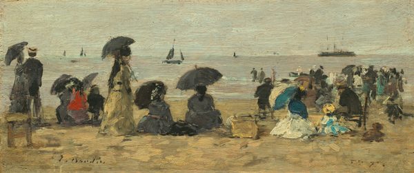 A row of about a dozen men and women sit, stand, or stroll along a sandy beach beneath a pale blue sky in this horizontal landscape painting. The scene is loosely painted so many of the facial features and other details are indistinct. The women wear dresses with long sleeves and skirts in shades of charcoal gray, parchment brown, vivid red, sapphire blue, or white. Five of them shade themselves with black parasols, and a woman to the right uses a white parasol with a topaz-blue interior. The men wear dark suits and straw-yellow hats. Another group of people clustered closer to the water to the right are even more loosely painted. A few people seem to wade out into the water, and dark smudges near the horizon suggest sailboats and one steamer. The horizon comes about two-thirds of the way up this composition, and the water and sky are similar tones of muted, ice blue. The artist signed the lower left corner, “E. Boudin.”