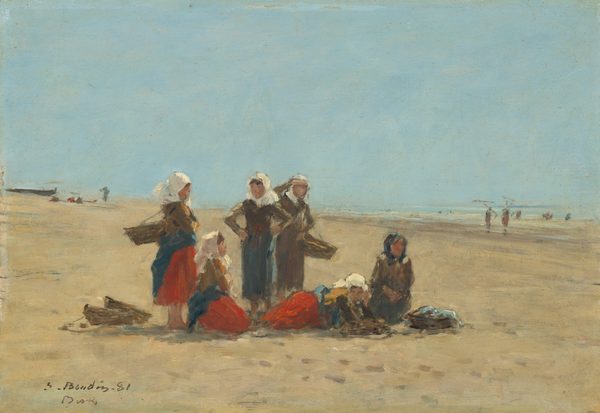 This painting depicts a sandy beach under a vast, light blue sky. The horizon is in the center of the painting where the blue sky blends into the blue water. In the center of the painting, a group of women are on the beach, some standing and some seated. The women have light skin and wear clothing in shades of brown, dark blue, and red. They all wear headscarves covering their hair, mostly white except for one that is dark blue. Some of the women carry baskets, while others set them on the sandy ground. In the background, there are faint shapes near the shoreline created by small daubs of paint that suggest other people. The brushstrokes in the painting are thick and visible, especially those that create the shapes of the women. Small details are suggested with dashes and dots of paint instead of being shown clearly.