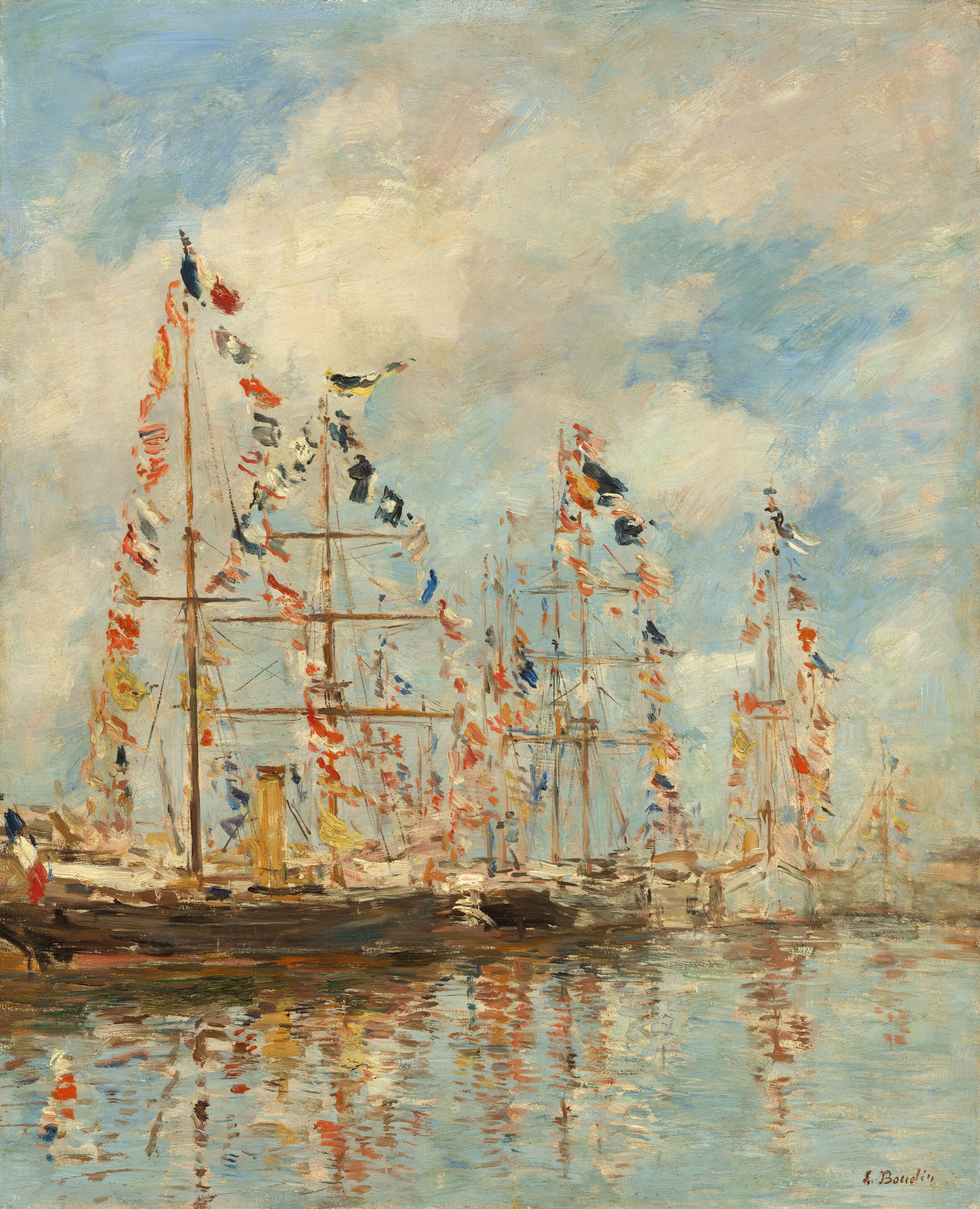 This painting shows a harbor with sailing ships displaying countless colorful flags. The ships stretch across the painting horizontally, floating on clear, reflective water. They don't appear to have any sails up, but their tall brown masts support rows of flags stretching from the highest point all the way to the deck. The water reflects the flags, adding to the vibrant atmosphere. The color palette includes light blues and whites in the sky, contrasted by the vivid red, yellow, black, white, and blue of the flags on the ships. The brushstrokes are loose and visible, creating a sense of movement.