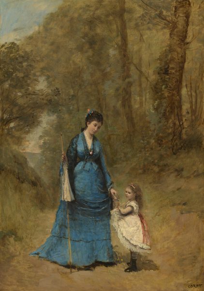 This painting depicts a woman and a child standing in a wooded area. The woman holds a closed parasol in one hand and reaches down towards the child with the other. The woman has dark hair tied back and adored with flowers, and she is wearing a blue dress with black lace and a light pink flower or brooch on the neckline. The child has curly blonde hair tied back with a ribbon, and she is wearing a white dress with a red sash, striped stockings, and black shoes. The background includes tall trees framing a dirt path with a hint of blue sky in the background.