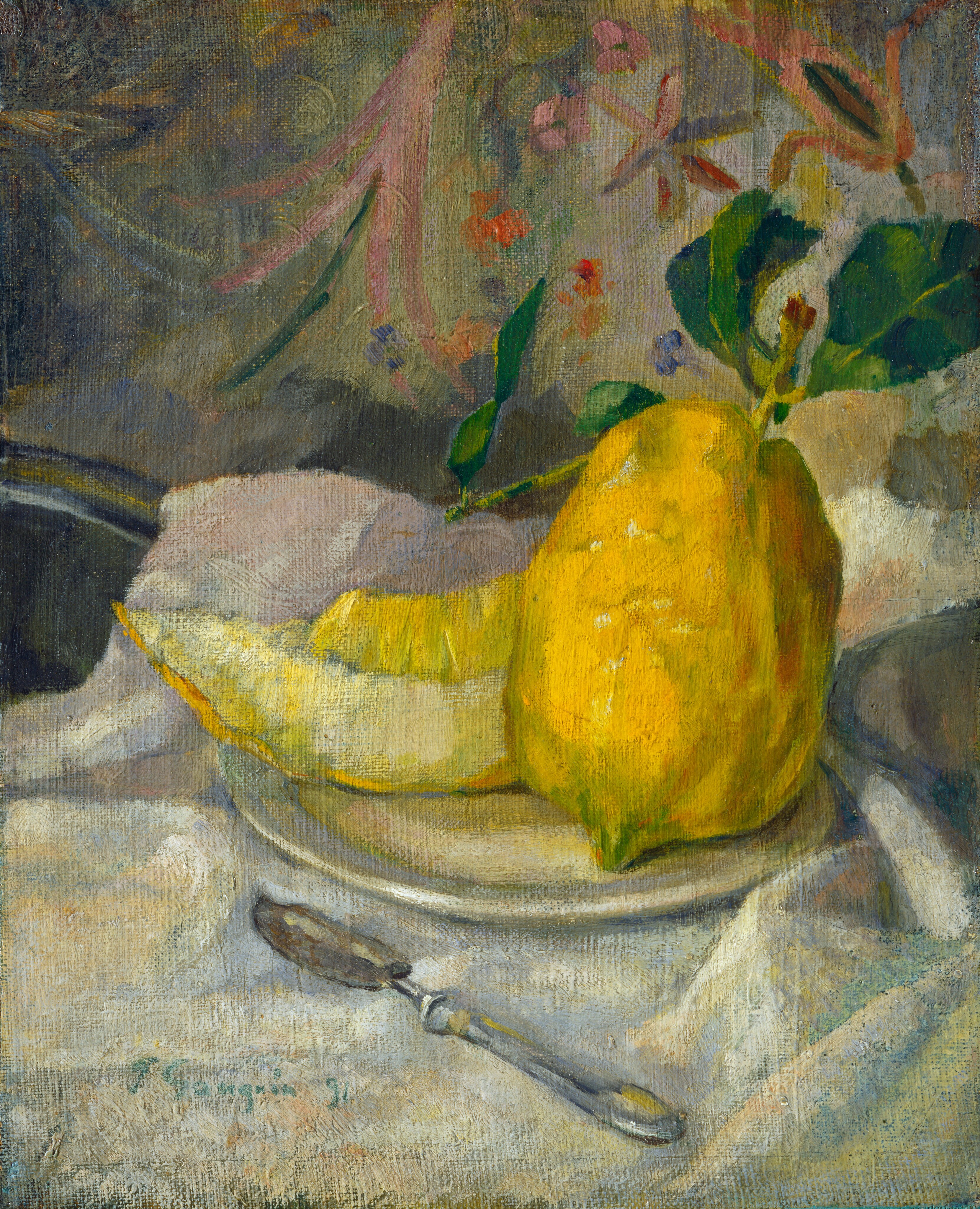 This painting shows a large yellow lemon resting upright next to a wide slice of yellow fruit on top of a white plate. A long, light-green stem emerges from the top of the lemon, and several dark green leaves sprout from it. Under the plate is a draped white tablecloth that is painted with hints of light blue and green. A silver butter knife is on the tablecloth in front of the fruit plate. In the background, colorful patterns stand out against a gray wall. The patterns are mainly floral designs in shades of orange, light pink, purple, and yellow.