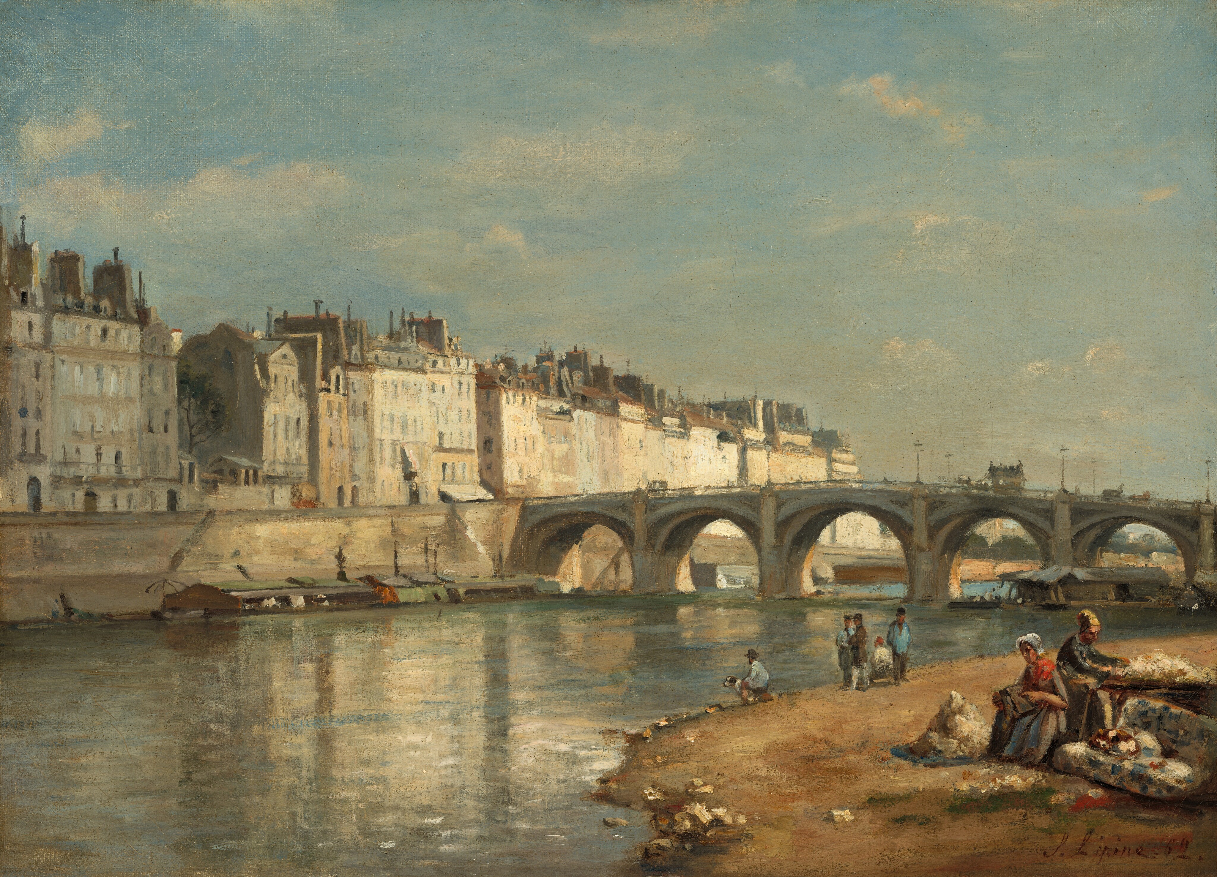 This painting depicts a riverbank with a large white bridge spanning across the water. On the left bank is a row of cream and tan buildings, their reflections visible on the gray water of the river below. Closer to us, on the right bank, people are engaged in activities on a sandy embankment. Two people in the bottom right corner sit among piles of white material, a small dog asleep on a cushion beside them. Farther away, a man and a dog sit by the water, and three men stand in a circle near a person sitting on the ground. The people are suggested with small, deliberate brushstrokes, and do not have many visible details. The sky above is light blue and filled with soft, white clouds. A few small carts are visible crossing over the bridge in the distance.