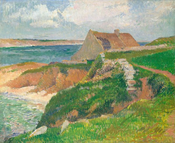 The painting shows a coastal landscape from an elevated point of view. A structure resembling a thatched-roof cottage is on the right, partially obscured by the rolling green hills that take up the bottom right area of the painting. On the hills there is a thin dirt path and a line of gray stones leading to the cottage. The land slopes down to the water on the left, where the grassy hills become a reddish-brown color that transitions into light yellow sand. The water is light green by the coast, with darker blue water in the background. The sky is light blue with white clouds. The brushstrokes are visible and textured.