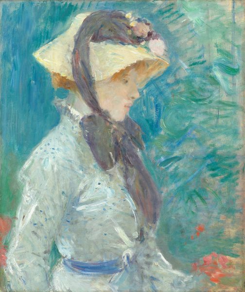 Shown from the waist up, the profile of a pale-skinned woman wearing an ice-blue dress is loosely painted with visible brushstrokes in this vertical portrait. The woman’s body faces our right, and she looks slightly down with her pale pink lips parted. A floppy straw hat is tied over her copper-blond hair with a plum-purple ribbon and tied in a bow beneath her chin. The bow appears to be nearly as wide as her shoulders, and the ribbons hang down almost to her belly button. Her dress has a high, ruffled neckline along the back of the neck and long sleeves. A few flecks of lapis blue suggest polka dots, and a blue belt wraps around the waist. The background is especially loosely painted with strokes of aqua blue and bright, bottle green that suggest an outdoor setting and few touches of coral red in the lower corners could be flowers.