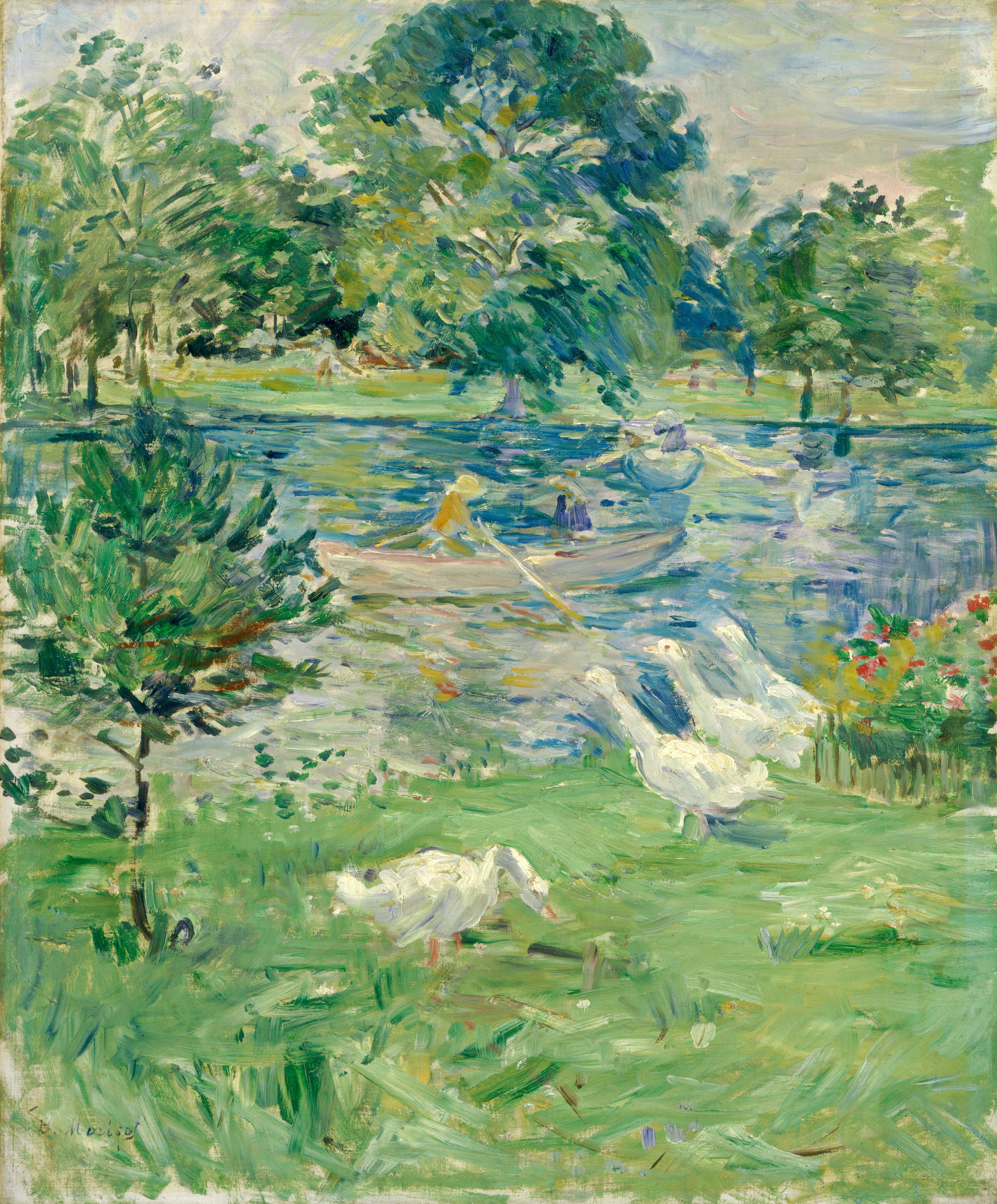 At least one rowboat occupied by two people floats on a lake, which is surrounded by lush green vegetation in this vertical landscape painting. The scene is loosely painted with short and long parallel brushstrokes, so some details are difficult to make out. The white of the four geese lining the bank near us break up a color palette almost entirely dominated by spring, mint, and sage green and royal and baby blue. Three of the geese stand in a line and the fourth bends down to peck at the grass. A bed of deep pink flowers is indicated with touches of vibrant color to our right of the geese. One person wearing a golden yellow garment and a butter-yellow hat rows the boat near the center of the lake. A smudge of cobalt blue could be another person in that boat. Other curved lines in the water could be additional boats or may be reflections in the lake’s surface. Barely discernable, a person, possibly holding a stick, stands among the tall trees lining the opposite bank. The horizon line comes about three-quarters of the way up the composition, and the sky above is painted with watery blue, pale yellow, and ivory-white brushstrokes. The artist signed the work with dark letters near the lower left corner: “B. Morisot.”