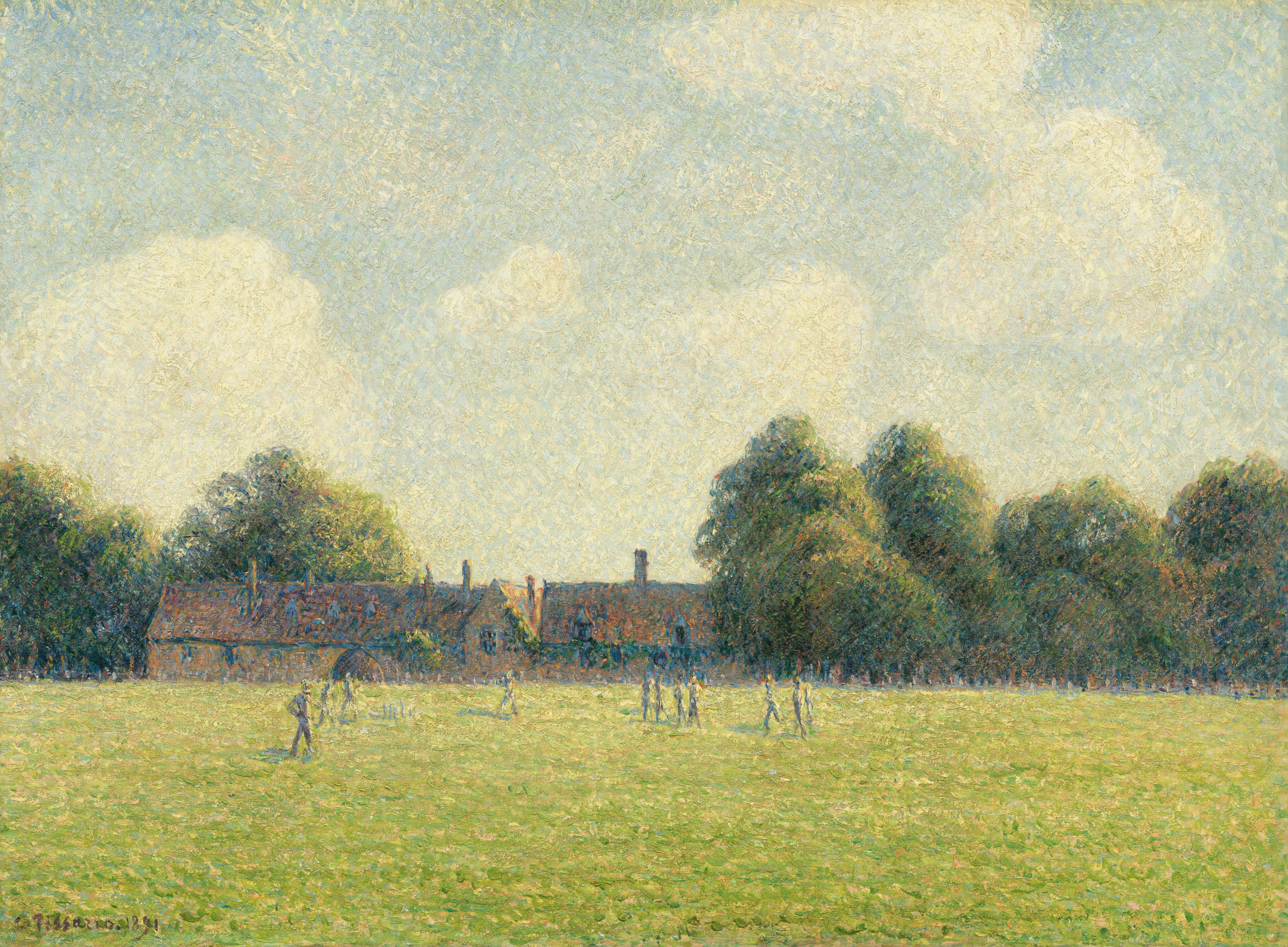 This painting depicts a game being played on a grassy field. The game is taking place in the central green lawn, with buildings in the distance surrounded by trees. On the lawn are several distant people, with some standing and some running, although the details are hard to make out. The scene has been created using small dots of paint, making everything look slightly blurred. The sky at the top of the painting is light blue with some large white clouds.
