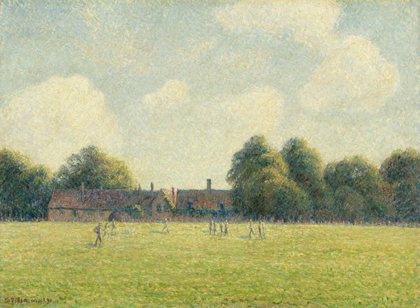 This painting depicts a game being played on a grassy field. The game is taking place in the central green lawn, with buildings in the distance surrounded by trees. On the lawn are several distant people, with some standing and some running, although the details are hard to make out. The scene has been created using small dots of paint, making everything look slightly blurred. The sky at the top of the painting is light blue with some large white clouds.