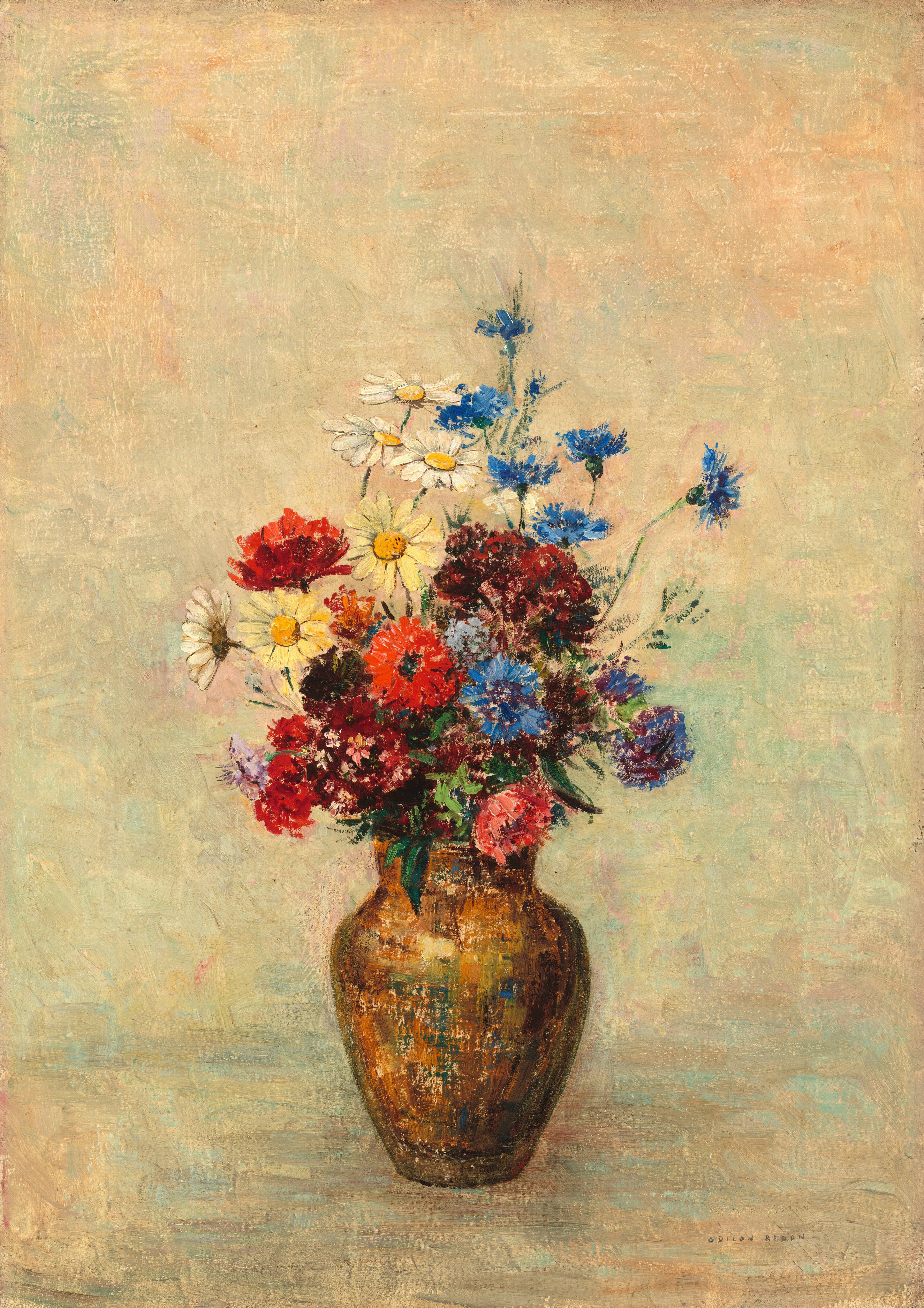 The painting shows a large bronze vase filled with a bouquet of wildflowers, including white daisies, light blue cornflowers, and bright red poppies and roses. Between the larger flowers are green leaves and smaller flowers in purple, orange, and pink. Behind the vase is a background that is mostly light gray but has hints of rosy pink and light blue. The paint is applied in thick, textured strokes.