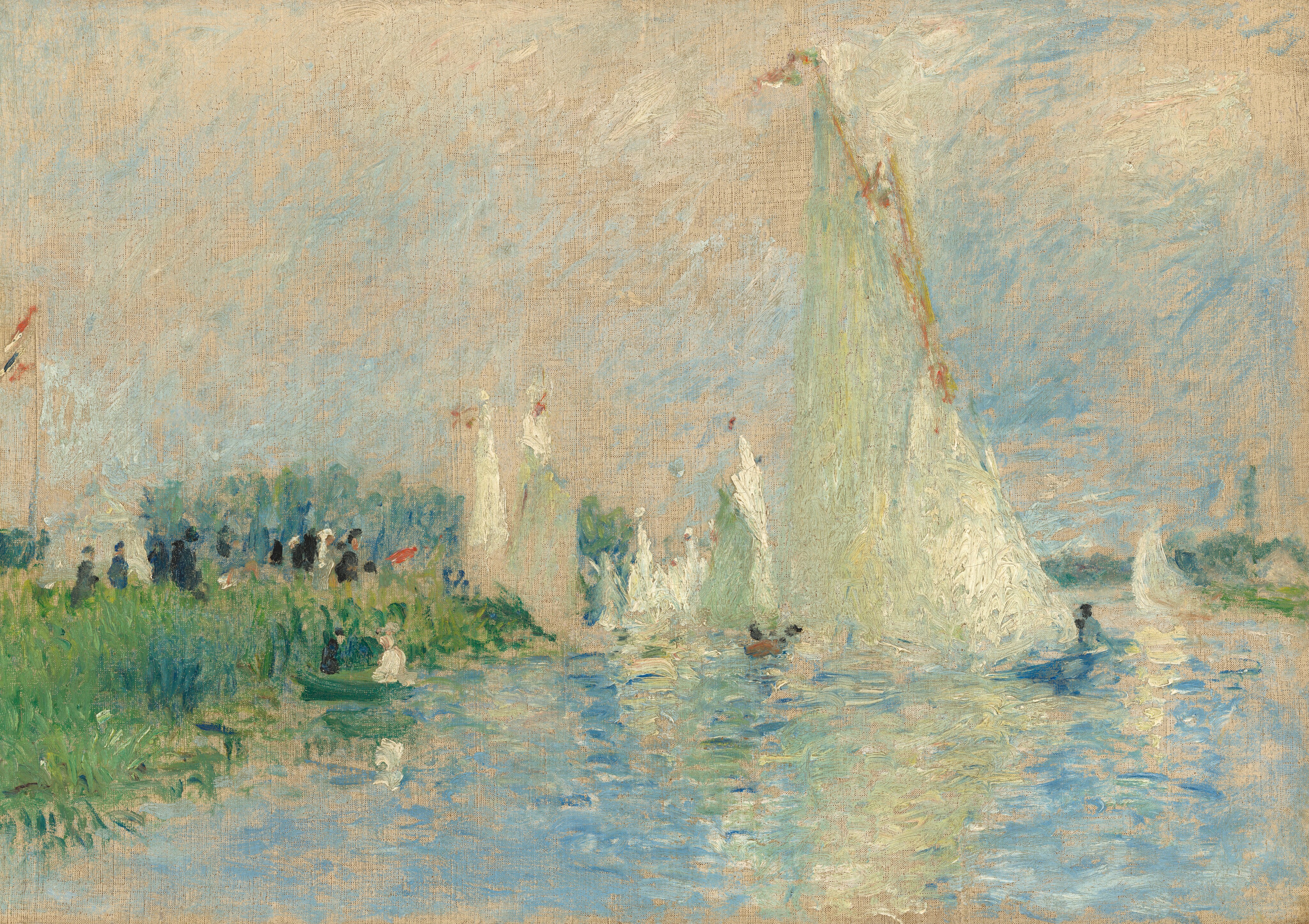 Sailboats line a grassy riverbank in this loosely painted horizontal landscape. Vivid blue water stretches before us to meet a verdant bank along the left third of the horizon, which comes less than halfway up the composition. About a dozen people standing in the grass are painted with a few strokes each of white or dark blue. One sailboat dominates the scene just right of center, and about half a dozen more sailboats are spaced farther back in the landscape beyond it. A flagpole rises along the left edge of the painting. The water and sky are thinly painted, and areas of the tan-colored, textured canvas are visible, especially in the sky.
