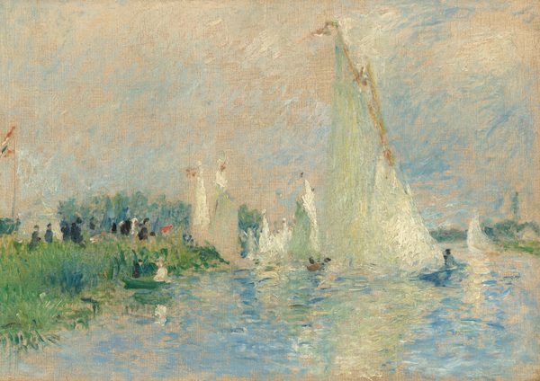 Sailboats line a grassy riverbank in this loosely painted horizontal landscape. Vivid blue water stretches before us to meet a verdant bank along the left third of the horizon, which comes less than halfway up the composition. About a dozen people standing in the grass are painted with a few strokes each of white or dark blue. One sailboat dominates the scene just right of center, and about half a dozen more sailboats are spaced farther back in the landscape beyond it. A flagpole rises along the left edge of the painting. The water and sky are thinly painted, and areas of the tan-colored, textured canvas are visible, especially in the sky.