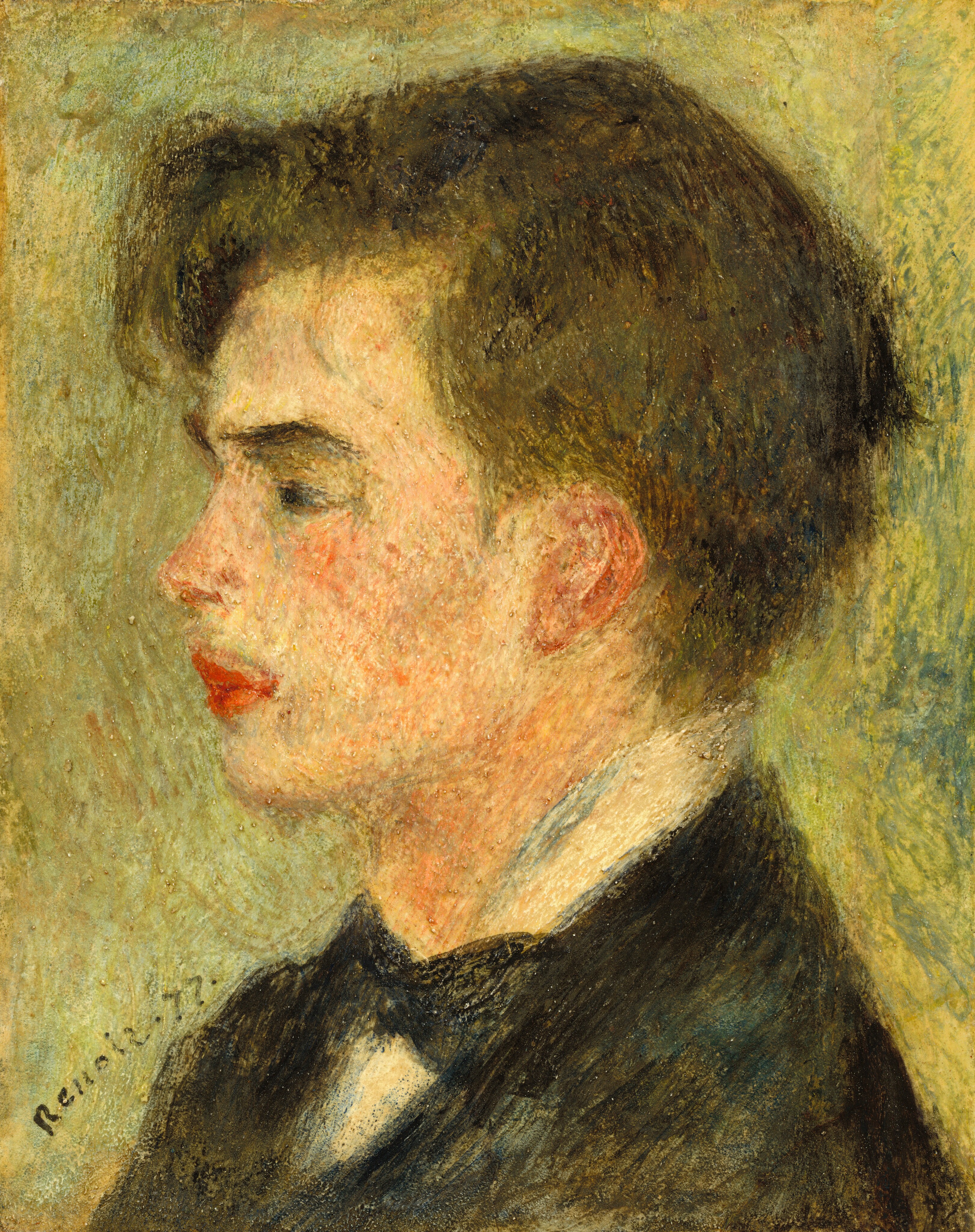 This painting shows a portrait of a man, seen from the shoulders upwards. The man is in profile, facing the left. He has short, dark brown hair that appears to be styled with a slight wave, dark eyebrows, pale skin, and red lips. His cheeks and visible ear are slightly pink. The man is dressed in a formal outfit with a black jacket, a white collared shirt, and a black bow tie. The background consists of a textured, abstract blend of pale green tones. The brushstrokes in the painting are visible, giving the portrait a blurred effect.