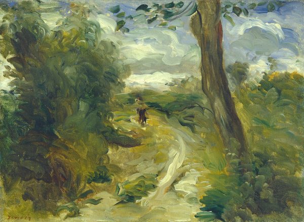 This horizontal landscape is painted with broad, visible strokes in shades of laurel, fern, and pine green, dark yellow, and ash brown. A winding dirt path leads from the bottom center of the composition toward the horizon, which comes just over halfway up this painting. Thick, loosely painted green foliage dominates the left half of the painting, and a tall, slender tree trunk is near the right edge, partially cut off by the frame. At the center, farther down the path, a small person is painted with a few swipes of coffee brown. Patches of lighter green and yellow suggest sun filtering through the trees. The sky above is filled with swirling white and pale blue clouds, applied with loose brushstrokes that echo the motion of the vegetation below. The artist signed the lower left corner, “renoir.”