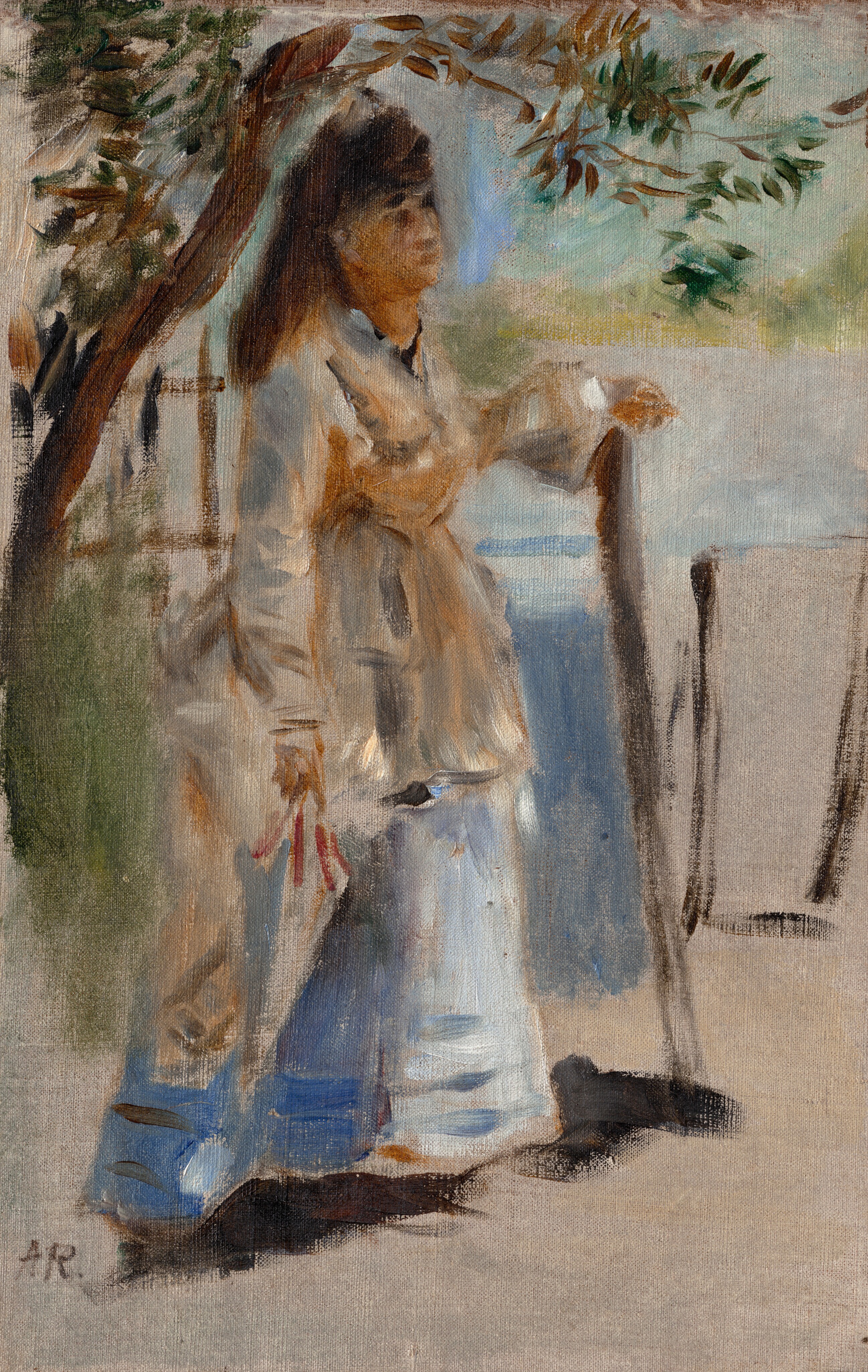 This painting depicts a woman standing, facing the right, with her left arm resting on a wooden post or walking stick. She has pale orange skin and dark hair, and is wearing a long, light-colored dress with a light blue skirt. In her right hand, she holds an object with a red ribbon - perhaps a white parasol. The background shows branches of a tree on the left with green leaves above her and, to the right, an indistinct light blue and beige area with some fencing or wooden posts. The brushstrokes in the painting are thick and visible, with few fine details.