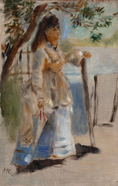 This painting depicts a woman standing, facing the right, with her left arm resting on a wooden post or walking stick. She has pale orange skin and dark hair, and is wearing a long, light-colored dress with a light blue skirt. In her right hand, she holds an object with a red ribbon - perhaps a white parasol. The background shows branches of a tree on the left with green leaves above her and, to the right, an indistinct light blue and beige area with some fencing or wooden posts. The brushstrokes in the painting are thick and visible, with few fine details.