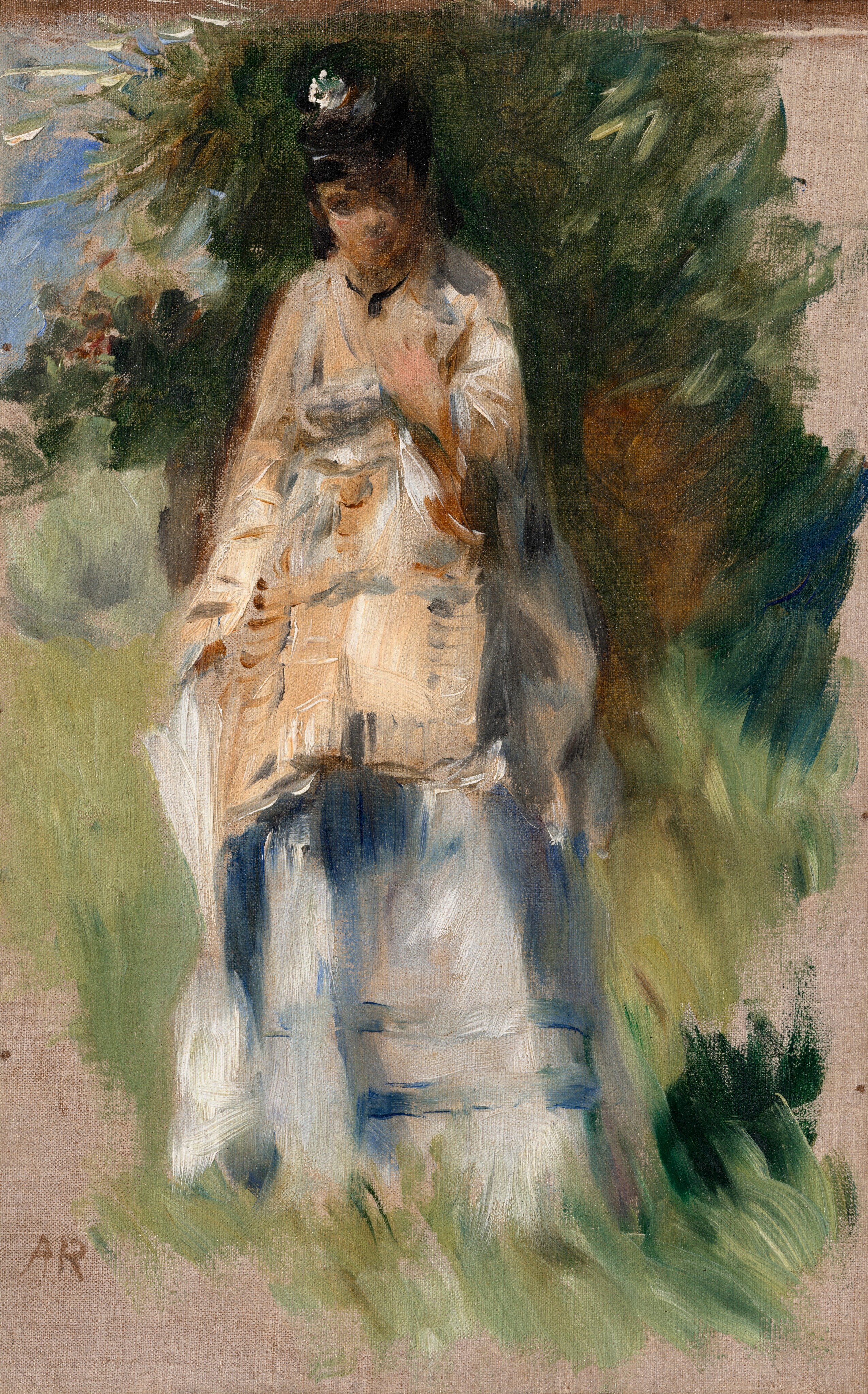 This painting shows a woman standing, her left arm raised to her chest. She has dark hair in an updo and adorned with a white accessory, and wears a dress in shades of blue, white, and tan. She has a black necklace around her neck. Her face is partially in shadow, and no distinct features are visible. She has pale skin. The background is green with a hint of blue at the top left corner, and the beige canvas is visible around the edges. The brushstrokes in the painting are thick and visible, giving the scene a blurred effect and a sense of motion.