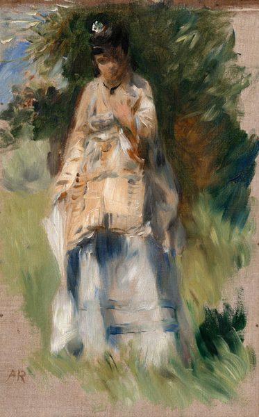 This painting shows a woman standing, her left arm raised to her chest. She has dark hair in an updo and adorned with a white accessory, and wears a dress in shades of blue, white, and tan. She has a black necklace around her neck. Her face is partially in shadow, and no distinct features are visible. She has pale skin. The background is green with a hint of blue at the top left corner, and the beige canvas is visible around the edges. The brushstrokes in the painting are thick and visible, giving the scene a blurred effect and a sense of motion.