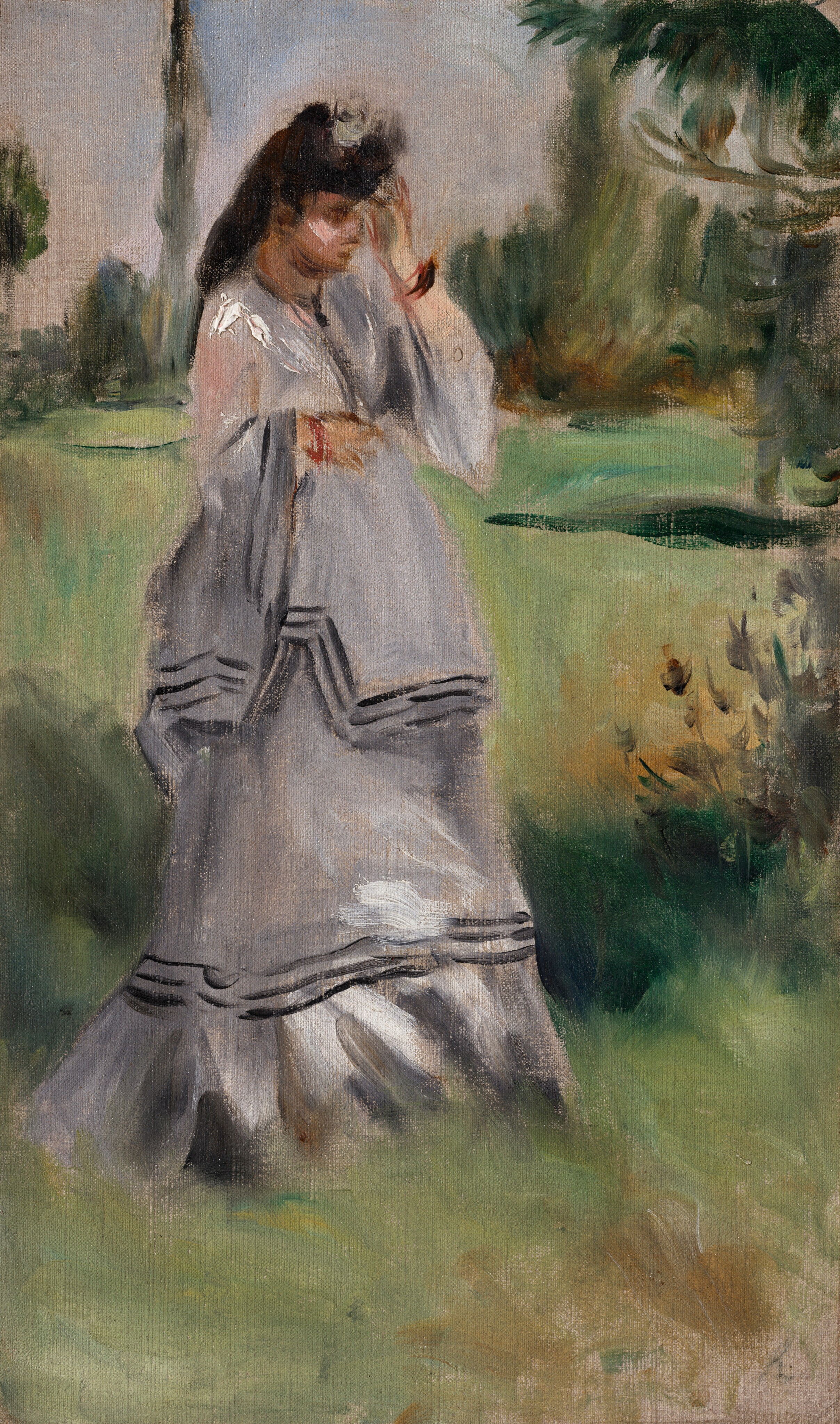 This painting shows a woman standing, facing the right, her head slightly angled downward. She has pale skin and dark hair and is wearing a long, pale, blue-gray dress with wide sleeves adorned with black stripes. She may be wearing a black hat with a gray ruffle at the top and red bracelets, although these details are unclear. One of her hands is raised to her forehead, while the other rests by her waist. She is painted with thick brushstrokes and minimal detail. The background features a green garden or park setting with some dark green plants below a pale blue-gray sky. The background is painted with the same blurred strokes.