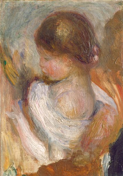 This painting displays a side profile of a young child, with their head turned to the left. The child has soft facial features, pale skin, rosy cheeks, and light brown hair styled in a bun. They are wearing a white garment that drapes off their shoulders. They appear to be carried in the arm of a figure on the left whose face we can't see. There is the suggestion of another figure on the right side, and the background is a gray-blue color. The paint has been applied thickly with large brushstrokes, giving the scene a blurred quality and obscuring small details.