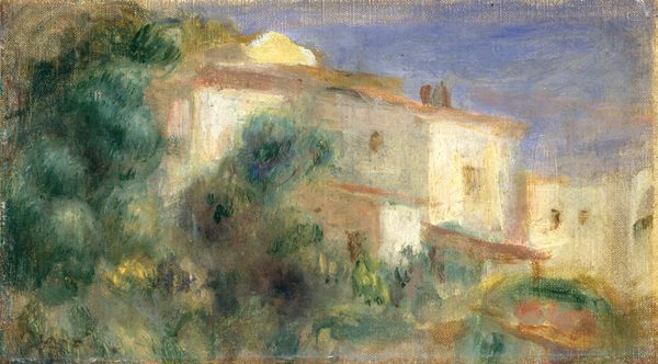 This painting depicts a while villa partially hidden by greenery. The villa has several buildings on different levels with small windows and reddish-brown roofs. The brushstrokes are loose and broad, giving the image a blurred effect. The trees are dark green, with some streaks of brown and yellow. The sky is a mix of blues with hints of lavender and peach.