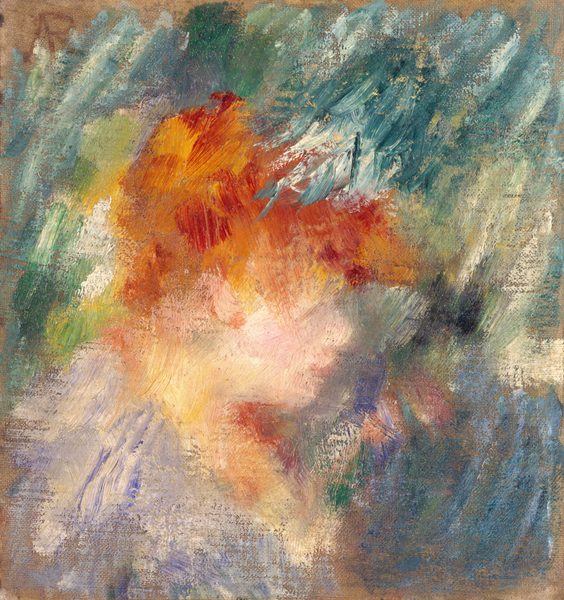 This painting features bold, thick brushstrokes in vibrant colors. In the center of the painting is an area of bright orange and red brushstrokes, with a section of peach and light pink beneath them. The impression it gives us is that of a red-headed woman with light skin looking to the right, in profile. Her facial features are indistinct, with only a hint of paint suggesting what may be a small nose and pink lips. She appears to be wearing a dress painted in streaks of white and periwinkle blue with a low neckline. Around her, the background is comprised of large strokes of teal, dark blue, light green, and white paint. The colors overlap and blend with one another, giving the impression of movement. Some of the teal paint in the top right corner overlaps with the woman's orange hair, blurring the lines between her outline and the background. Around the edges of the painting, the underlying brown canvas is visible.