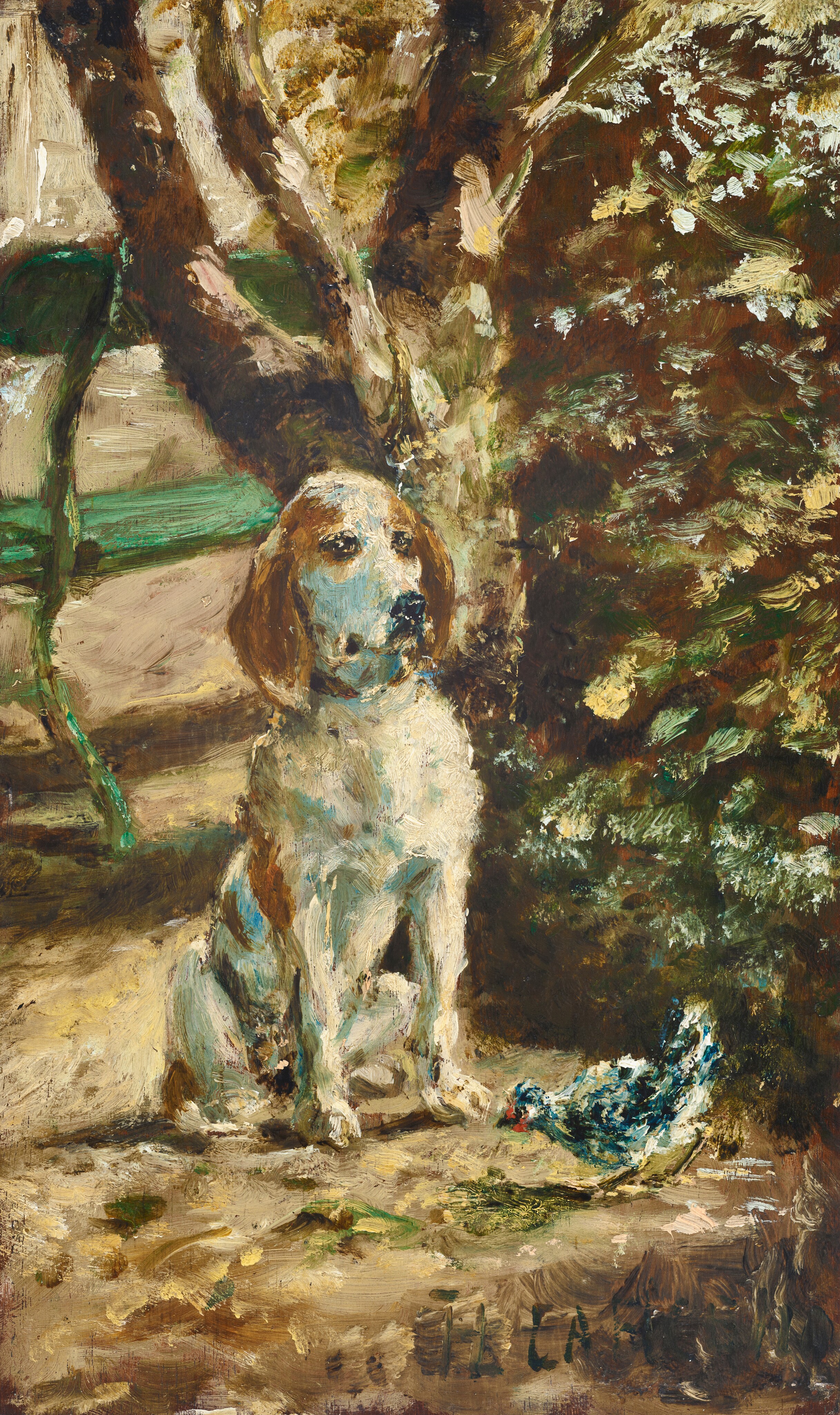 A white dog spotted with caramel-brown and with long, floppy ears sits in a garden setting near a green park bench in this loosely painted vertical portrait. The dog leans slightly onto its right paw, to our left, and looks off to the right, its ears relaxed. A blue bird crouches near the ground in front of the dog’s feet. Painted with tones of peanut brown and earthy green, a bush and tree trunk fill the background to the right, and the back of the bench is to the left. The artist inscribed the bottom right with his initials, HTL, conjoined in a monogram and the dog’s name, “LA FLECHE.”