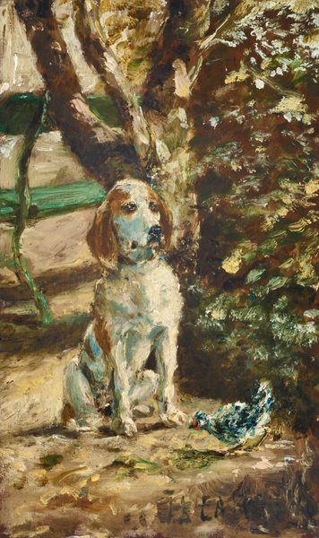 A white dog spotted with caramel-brown and with long, floppy ears sits in a garden setting near a green park bench in this loosely painted vertical portrait. The dog leans slightly onto its right paw, to our left, and looks off to the right, its ears relaxed. A blue bird crouches near the ground in front of the dog’s feet. Painted with tones of peanut brown and earthy green, a bush and tree trunk fill the background to the right, and the back of the bench is to the left. The artist inscribed the bottom right with his initials, HTL, conjoined in a monogram and the dog’s name, “LA FLECHE.”
