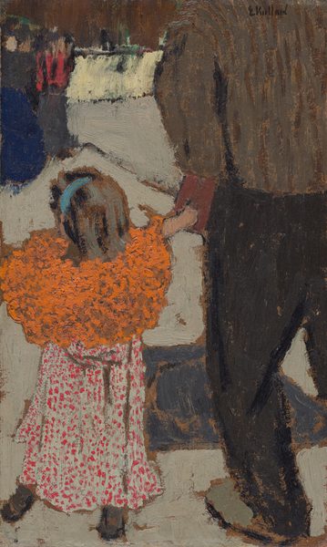 A child and man stand facing away from us in this vertical painting. The scene is painted with visible dabs, stipples, and strokes of paint, and many details, especially in the distance, are indistinct. A young girl is to the left, a blue band holding back her long brown hair. Despite the title of this painting, Child Wearing a Red Scarf, she wears a bulky, pumpkin-orange scarf around her neck over an ankle-length dress dotted with red. Streaks of brown suggest shoes under the lower hem. The person to our right wears dark trousers, a brown, long-sleeved shirt, and olive-green shoes outlined with black. This person’s right leg and head above the shoulders are cropped by the composition. A peach area suggests that the girl holds the hand or something by the man’s pants pocket but this area is difficult to read. The ground is ecru white, and loosely painted forms along the top of the composition suggest people standing and the room in the distance. The artist signed to top right corner, “E Vuillard.”